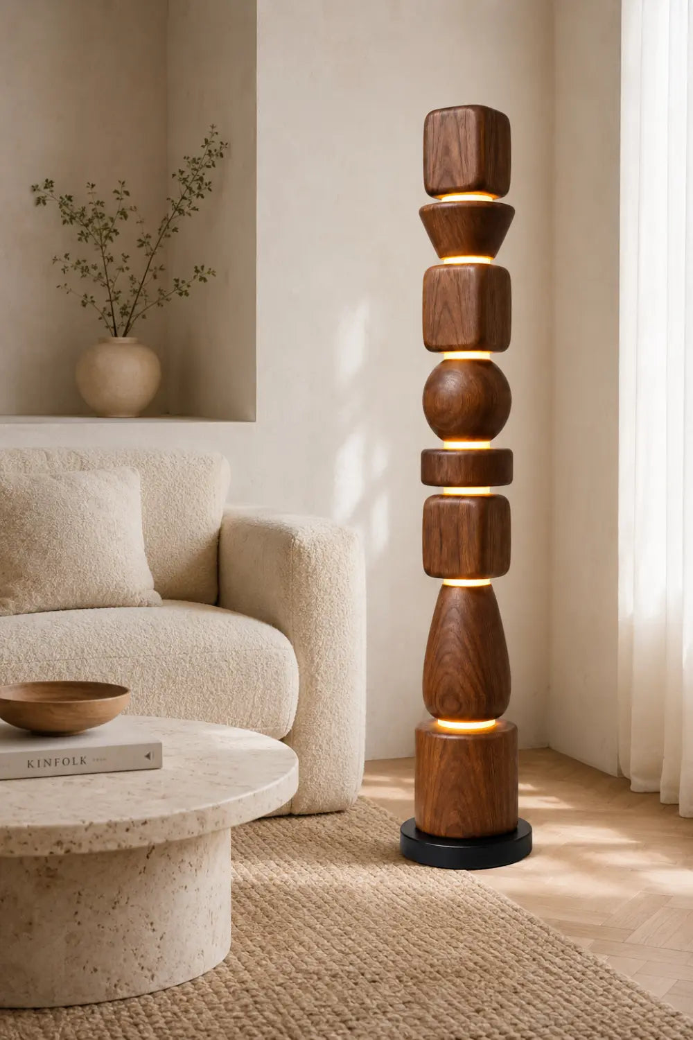 Sculptural Wooden Lamp Abstract Geometric Totem Style Lighting Fixture For Luxury Home Interiors