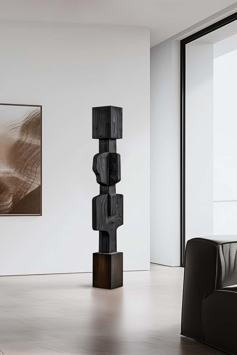 Black Abstract Large Wooden Sculpture Geometric Wood Sculpture Art Decor