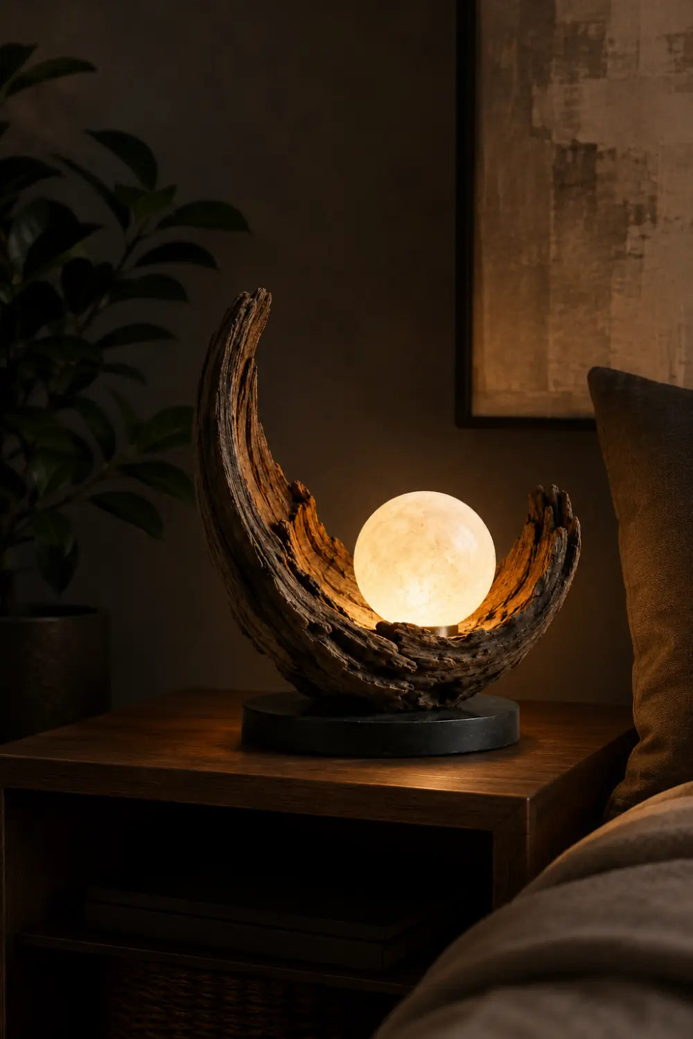 Abstract Wooden Sculpture Lamp Crescent Shape With Warm Light For Living Room