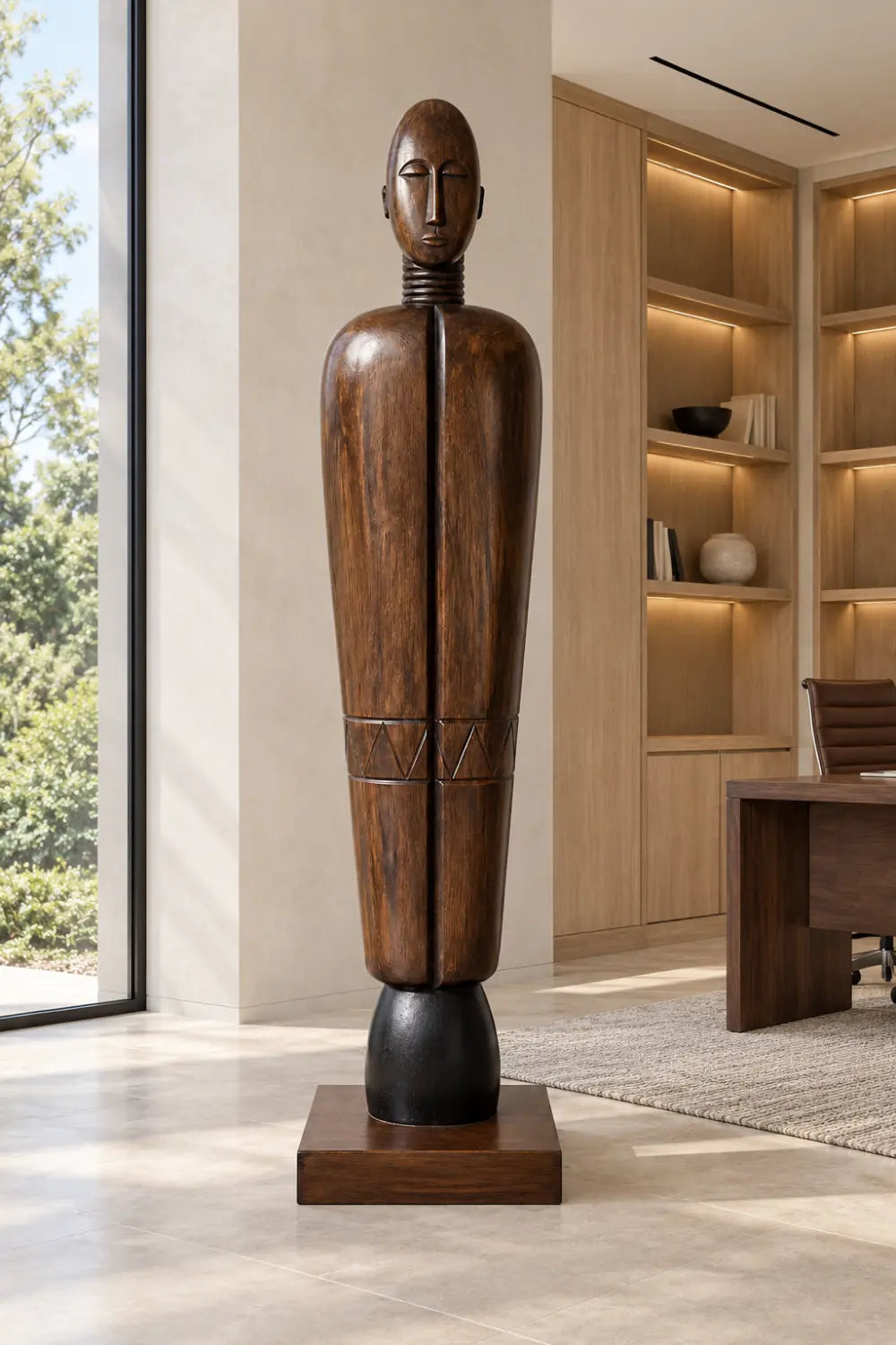 Large Freestanding Wooden Statue Vertical Abstract Human Form Art Piece For Lobby