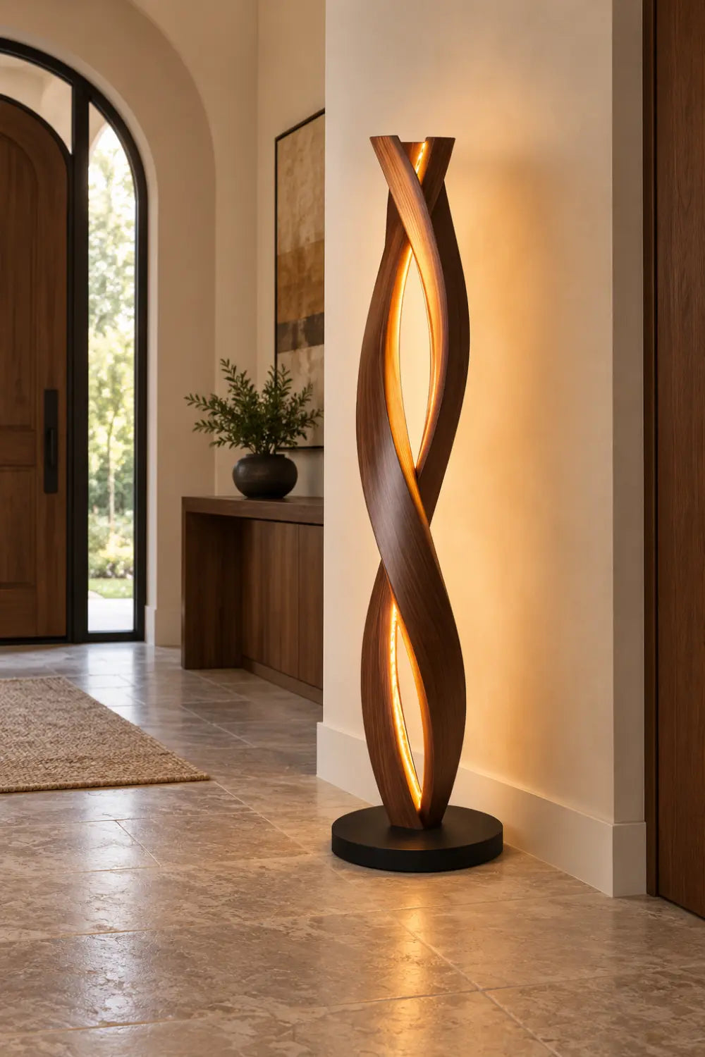 Handcrafted Walnut Floor Lamp With Spiraling Abstract Form For Modern Living Rooms
