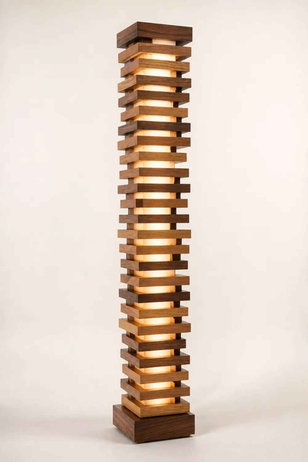 Handcrafted Natural Wood Floor Lamp With Layered Slats And Warm Glow Lighting