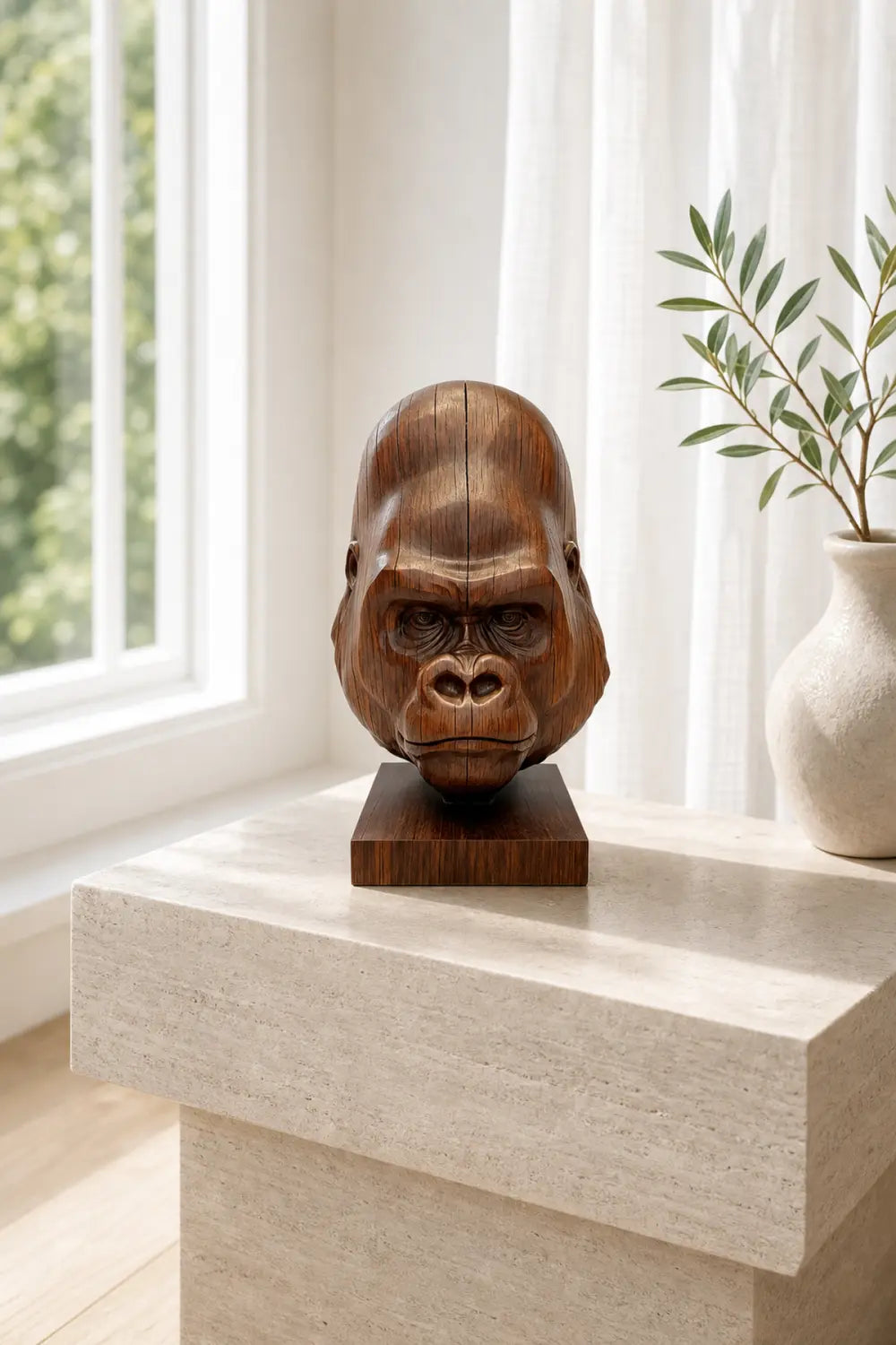Hand Carved Walnut Gorilla Head Sculpture For Modern Home Decor And Shelf Display
