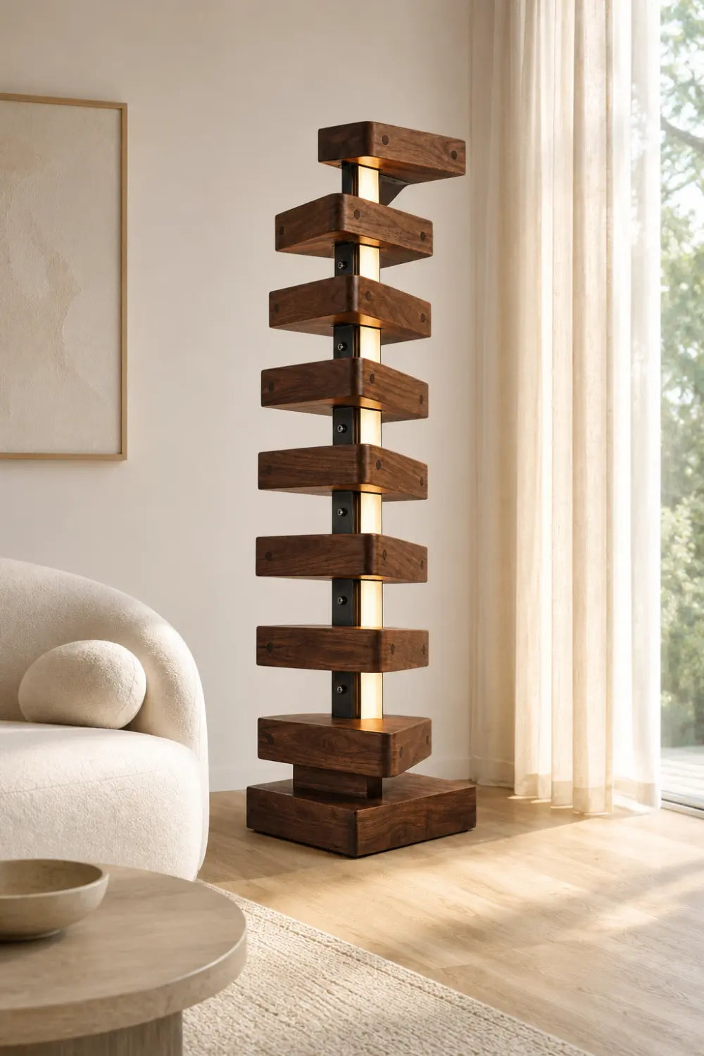 Handcrafted Solid Wood Floor Lamp With Geometric Stacked Design And LED