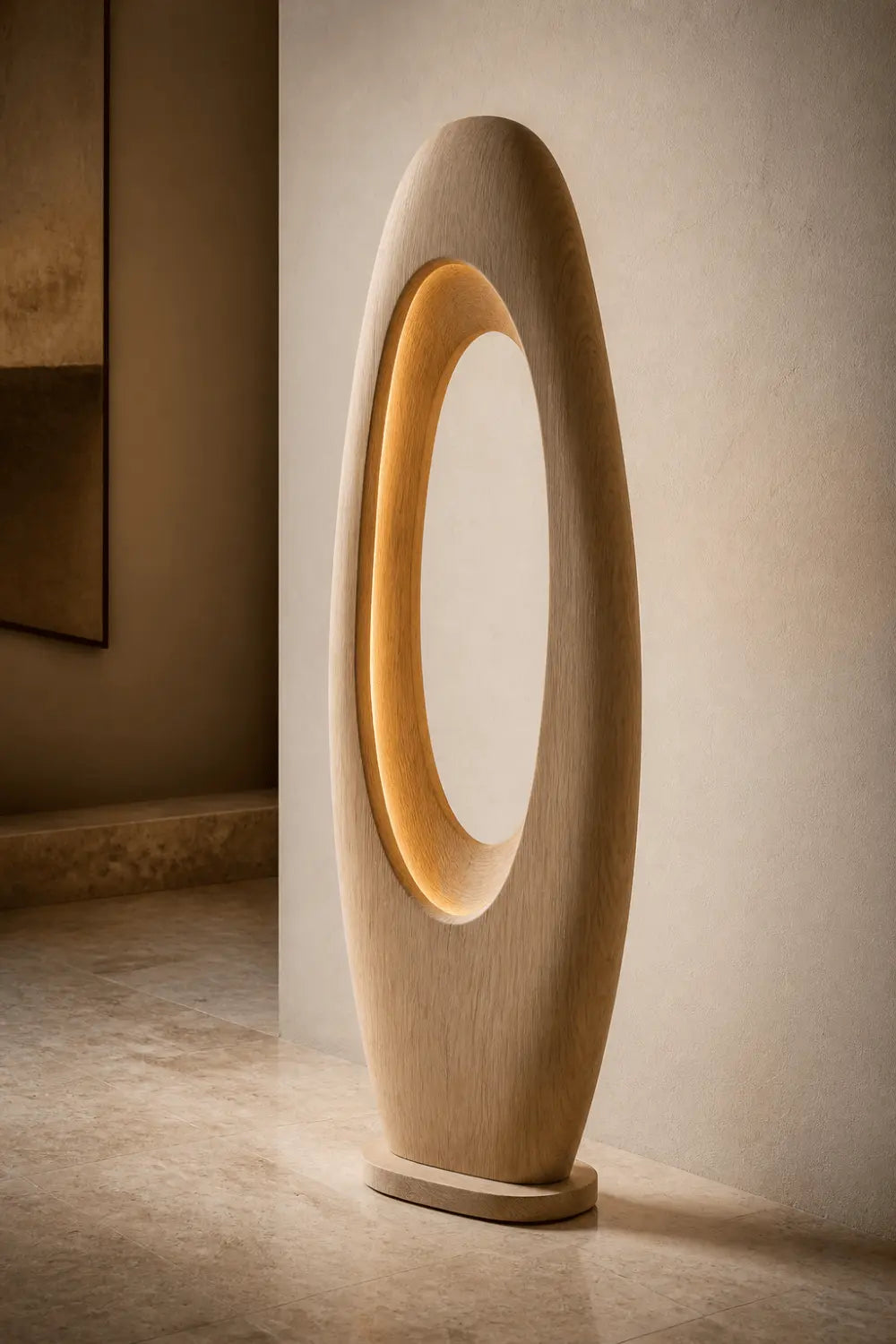 Modern Minimalist Wooden Floor Lamp With Abstract Oval Cutout For Living Room Decor