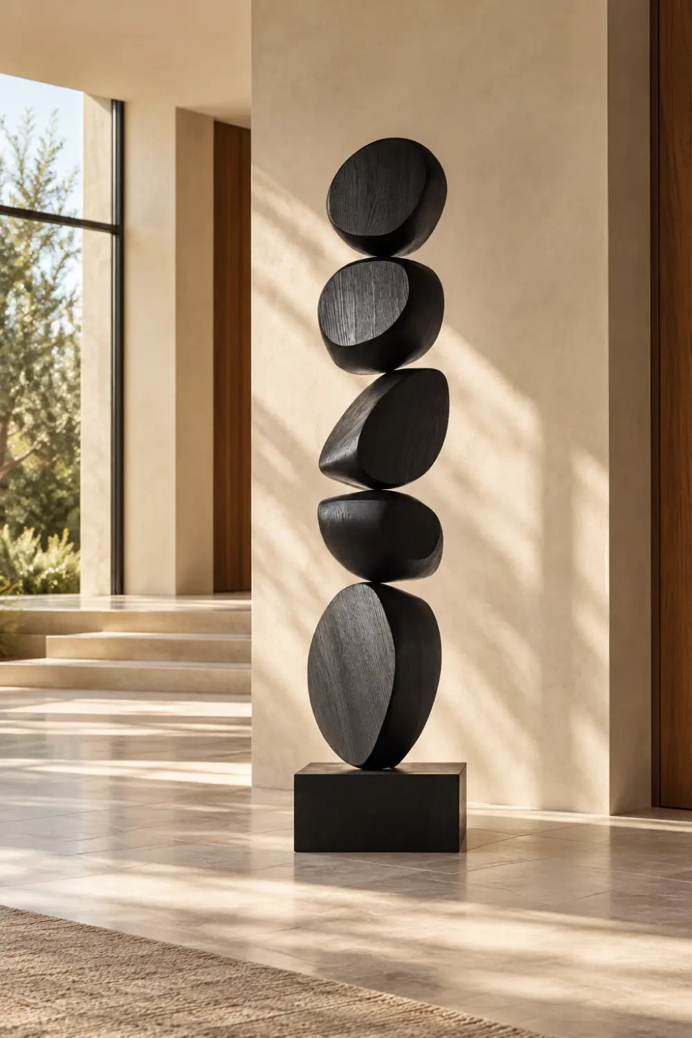 Hand Carved Matte Black Wooden Statue Large Scale Abstract Art