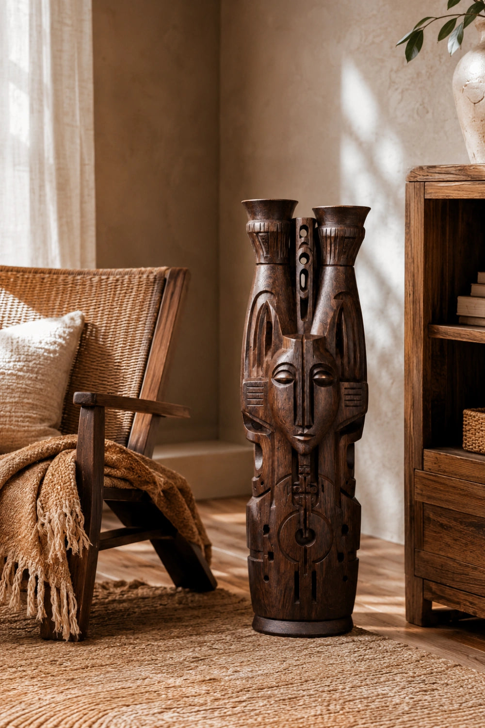Hand-Carved African Tribal Wooden Floor Vase Large Abstract Sculpture For Modern Home Decor