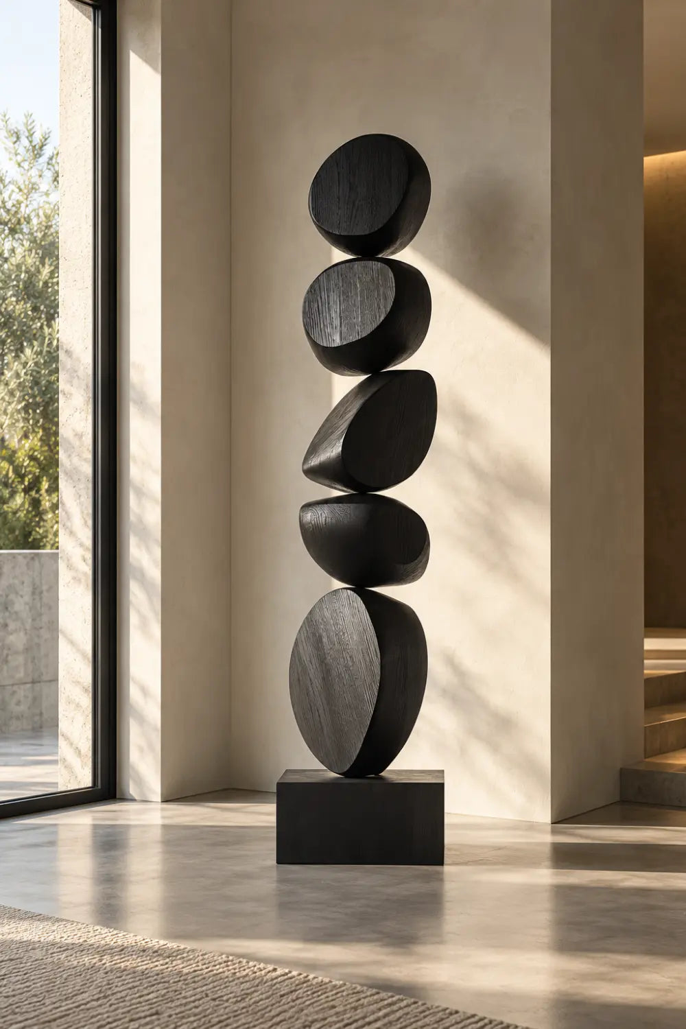 Hand Carved Matte Black Wooden Statue Large Scale Abstract Art