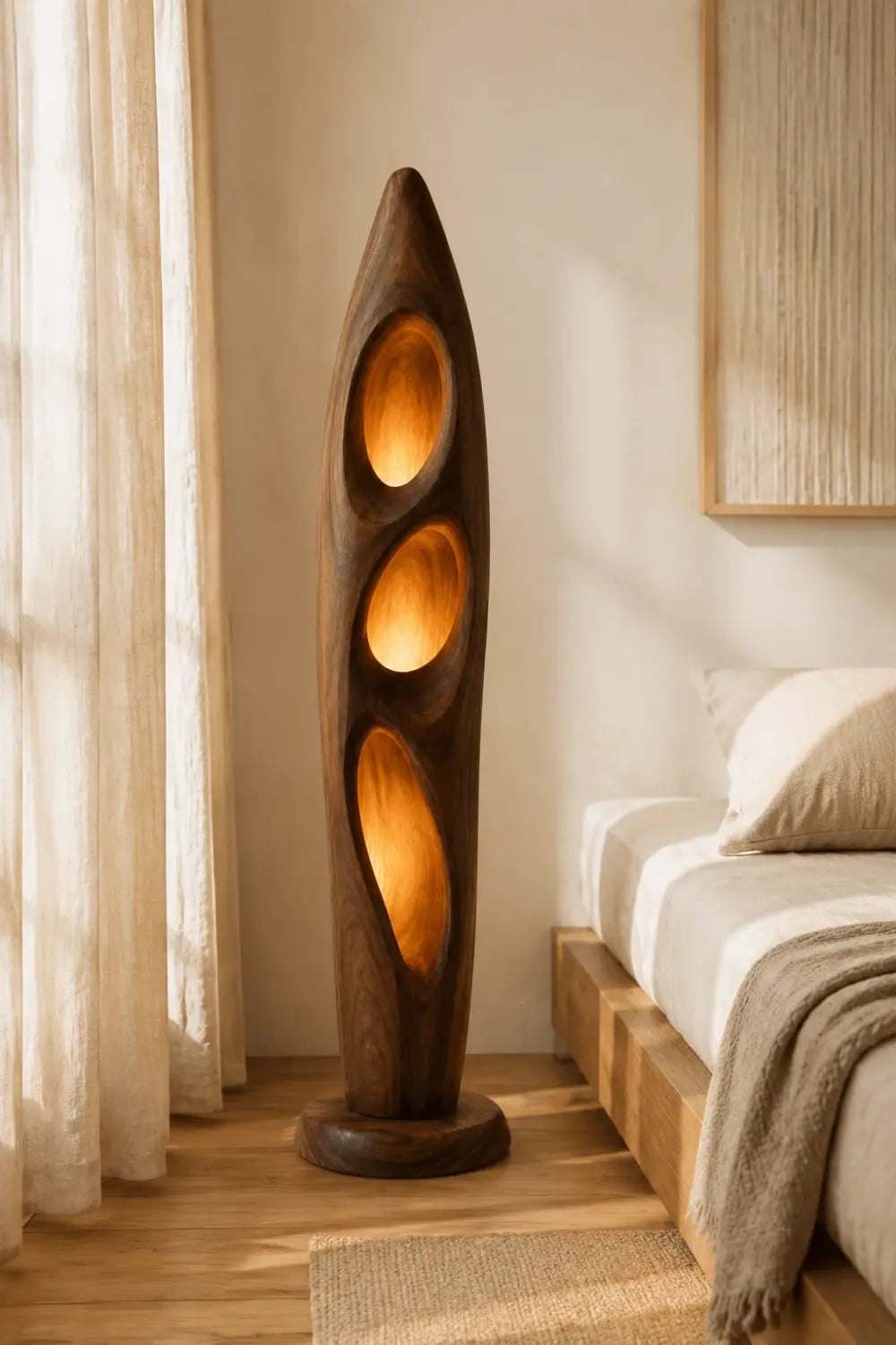 Sculptural Wood Floor Lamp With Organic Hollows And Warm Ambient Light