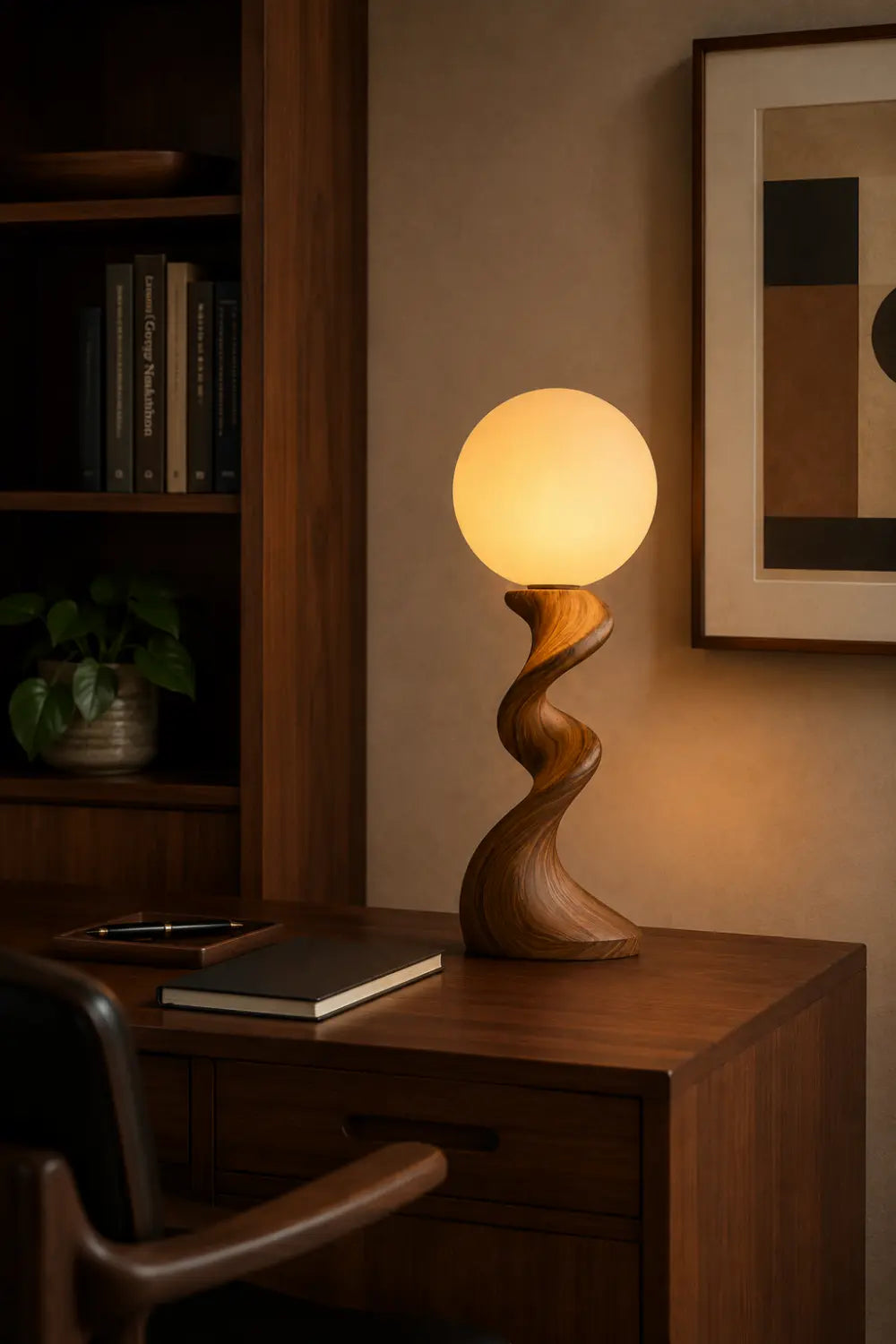 Modern Swirl Wood Table Lamp | Sculptural Sinuous Desk Light For Space Decor