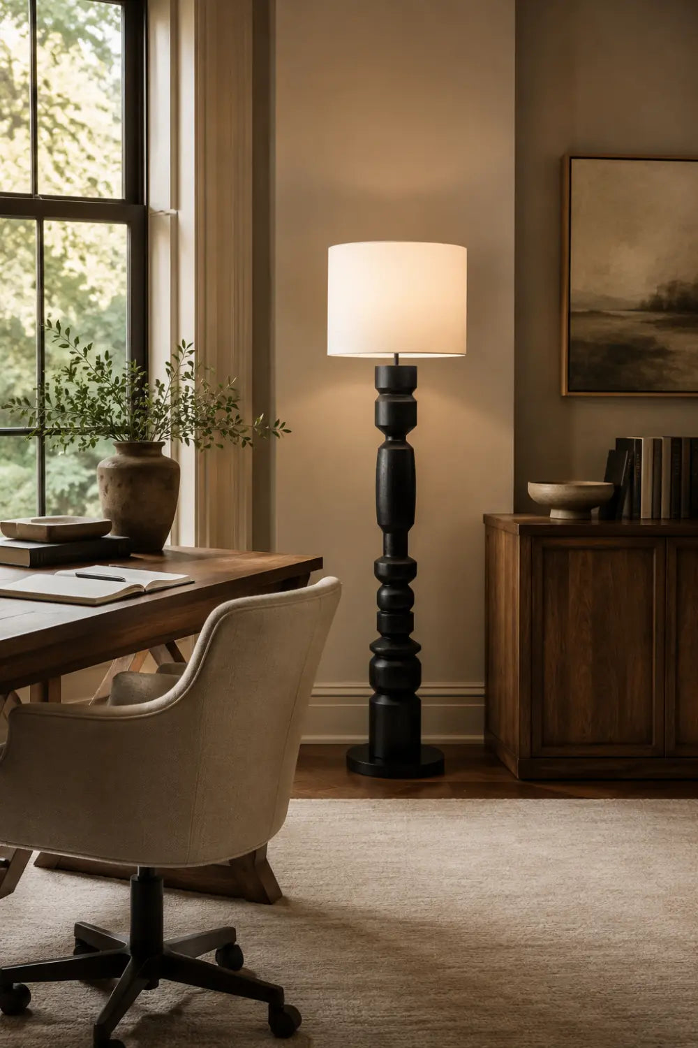 Sculptural Wooden Floor Lamp In Matte Black Finish With Abstract Form For Contemporary Homes