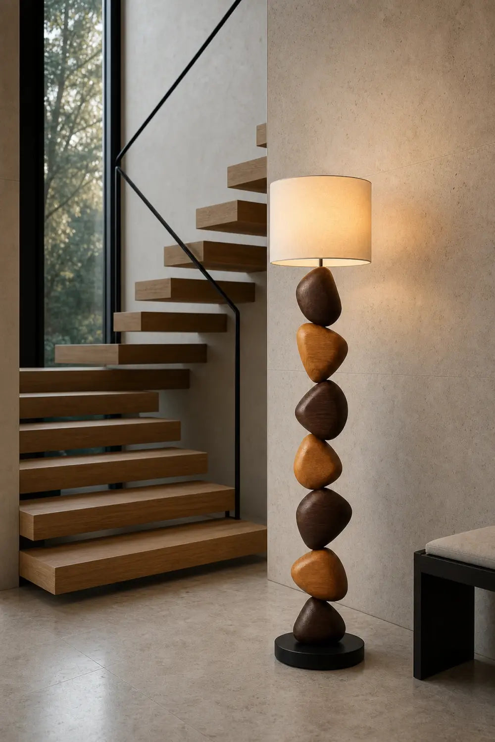 Modern Abstract Wood Floor Lamp With Stacked Pebble Design For Living Room Decor