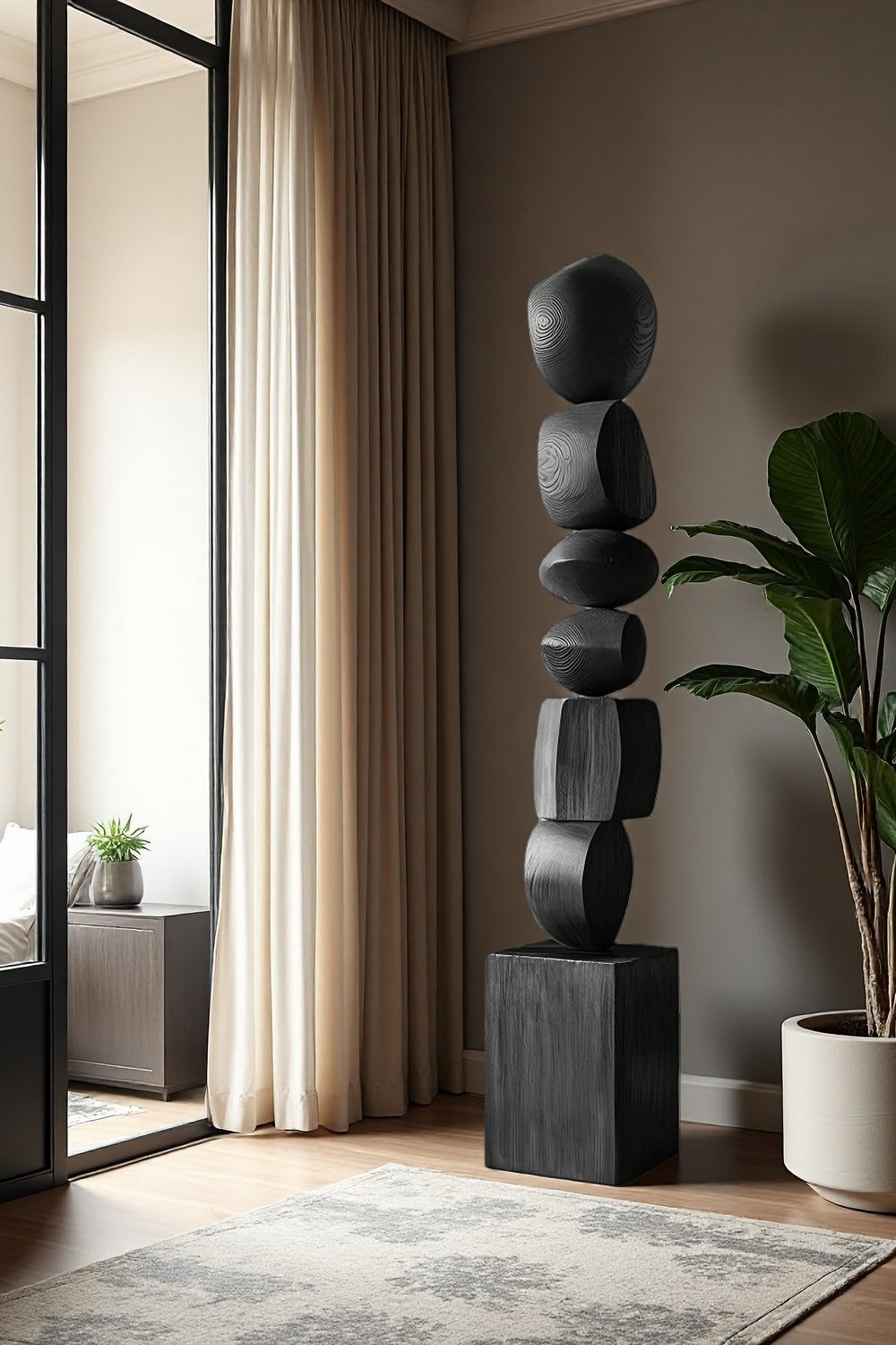 Black Abstract Large Wooden Sculpture Geometric Wood Sculpture Art Decor