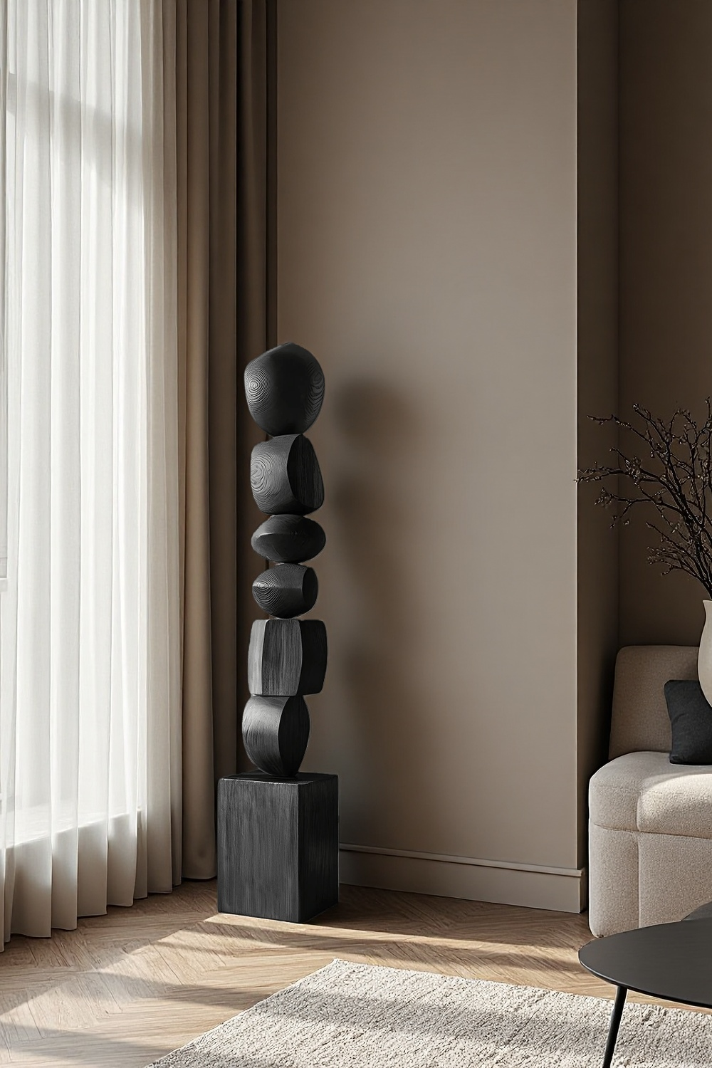 Black Abstract Large Wooden Sculpture Geometric Wood Sculpture Art Decor