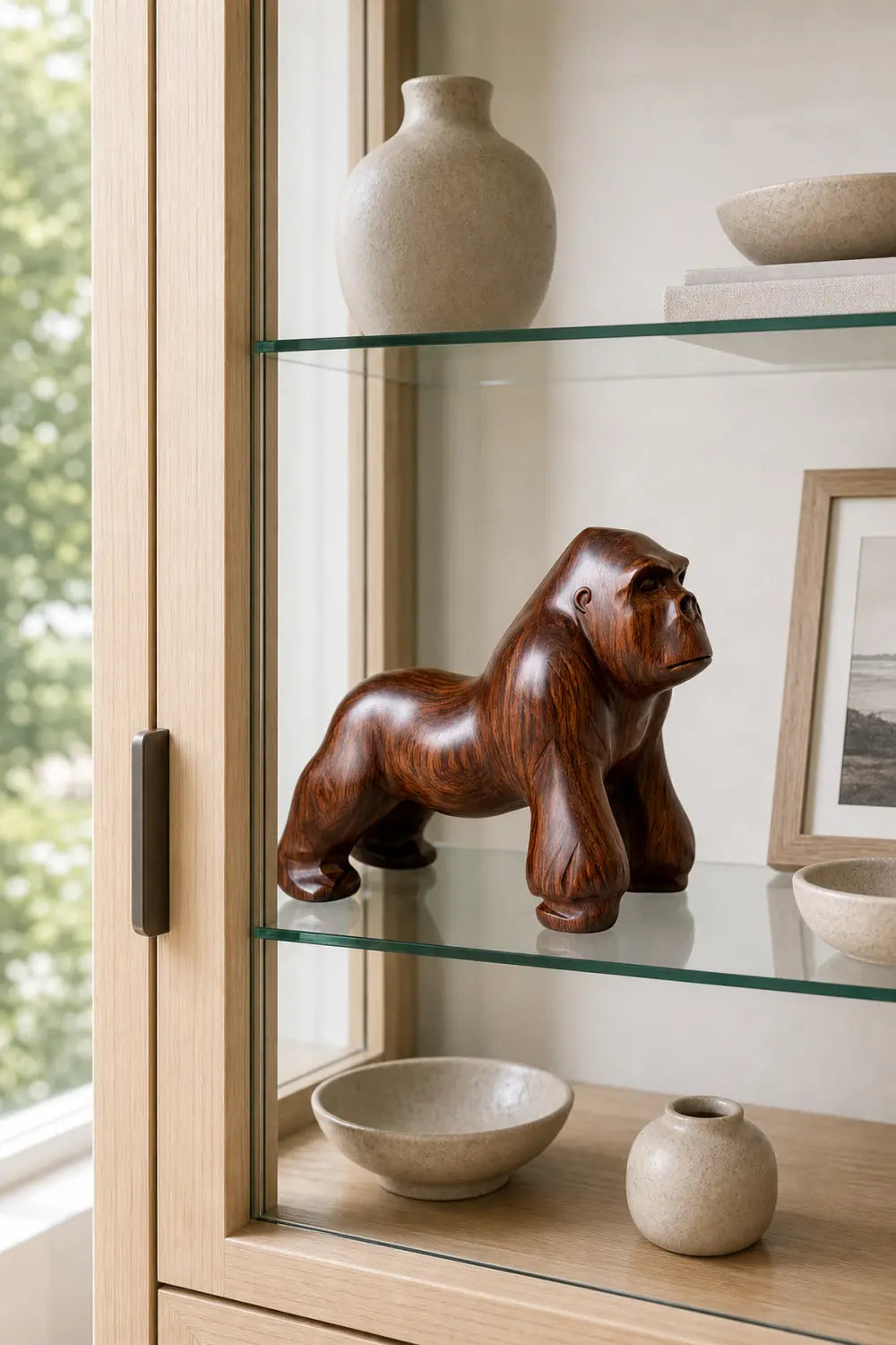 Hand-Carved Walnut Gorilla Sculpture - Realistic Animal Wood Statue For Home Decor