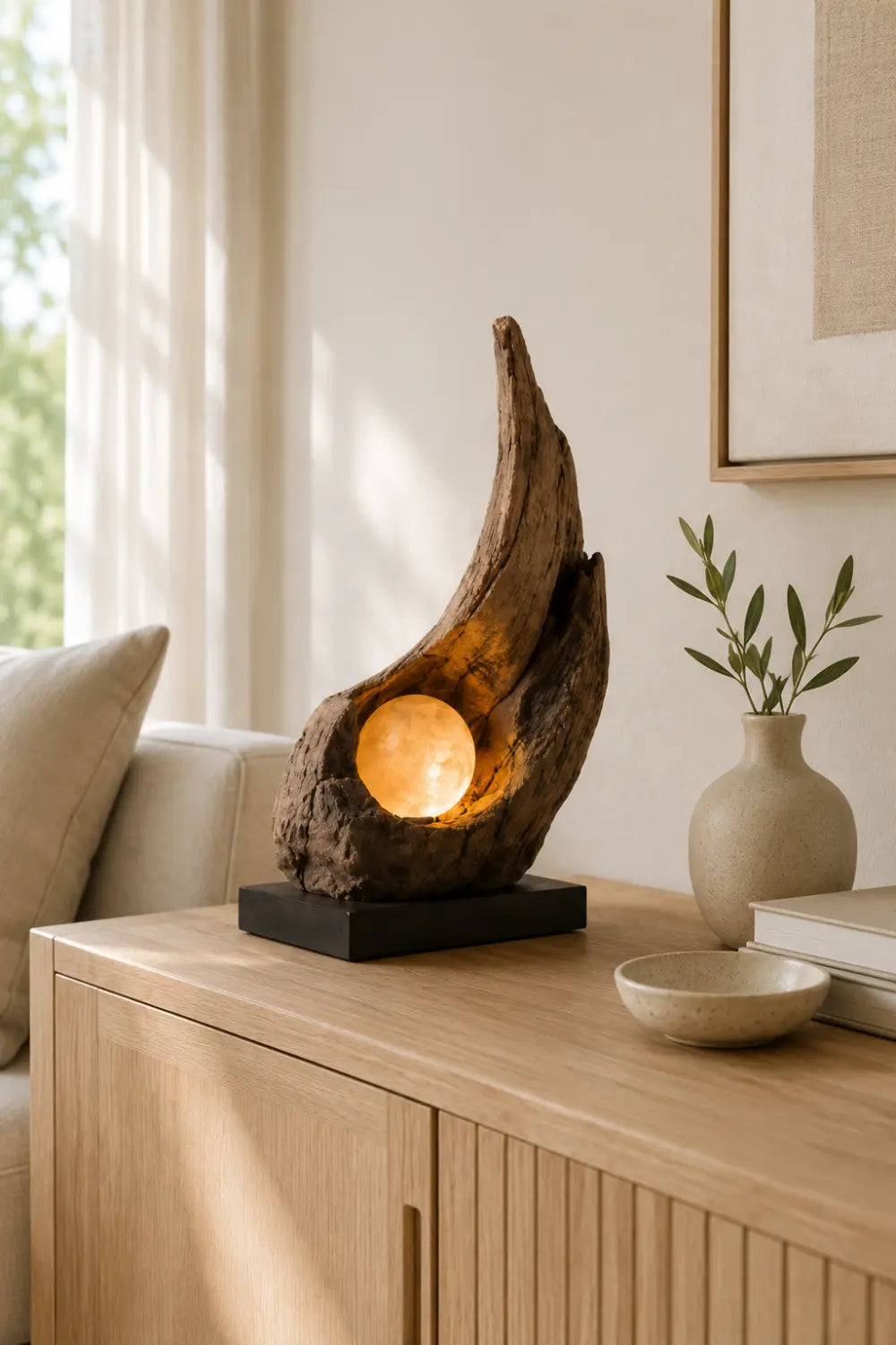 Organic Sculptural Wooden Lamp Emitting Cozy Warm White Light For Elegant Interior Spaces