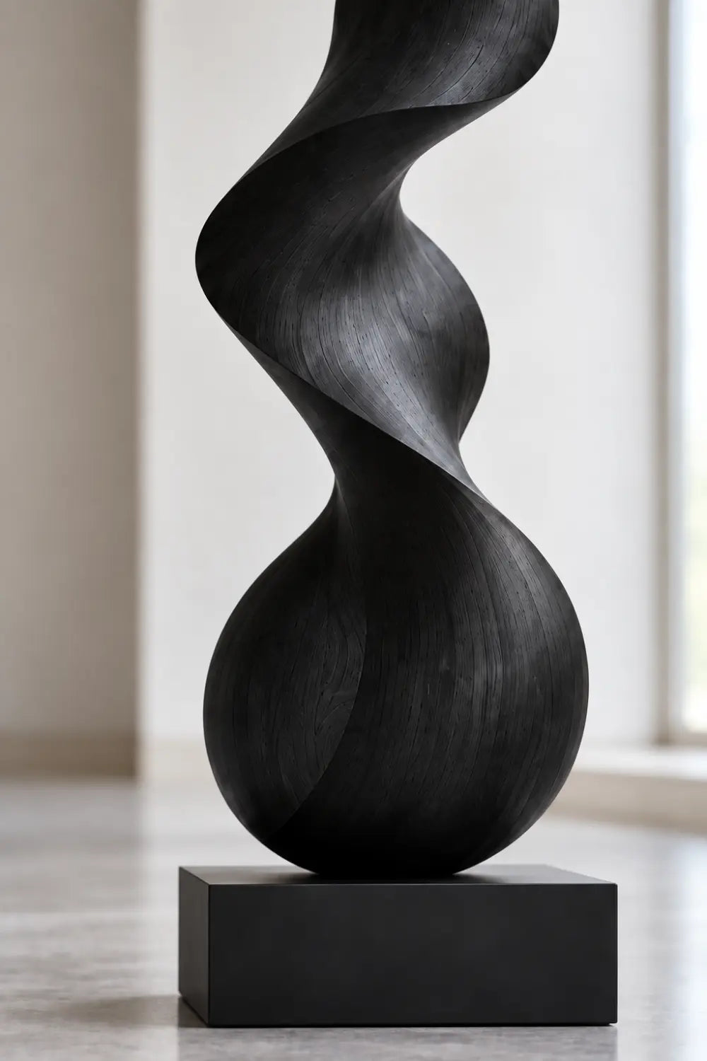 Large Black Spiral Wood Floor Sculpture | Modern Standing Statue For Living Space