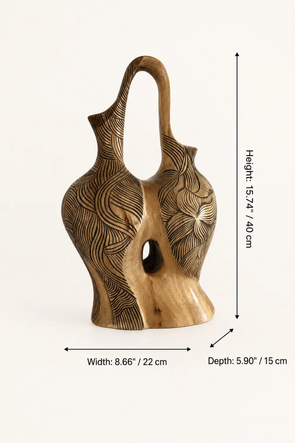 Hand Carved Abstract Wooden Vase With Flowing Lines For Modern Home Decor