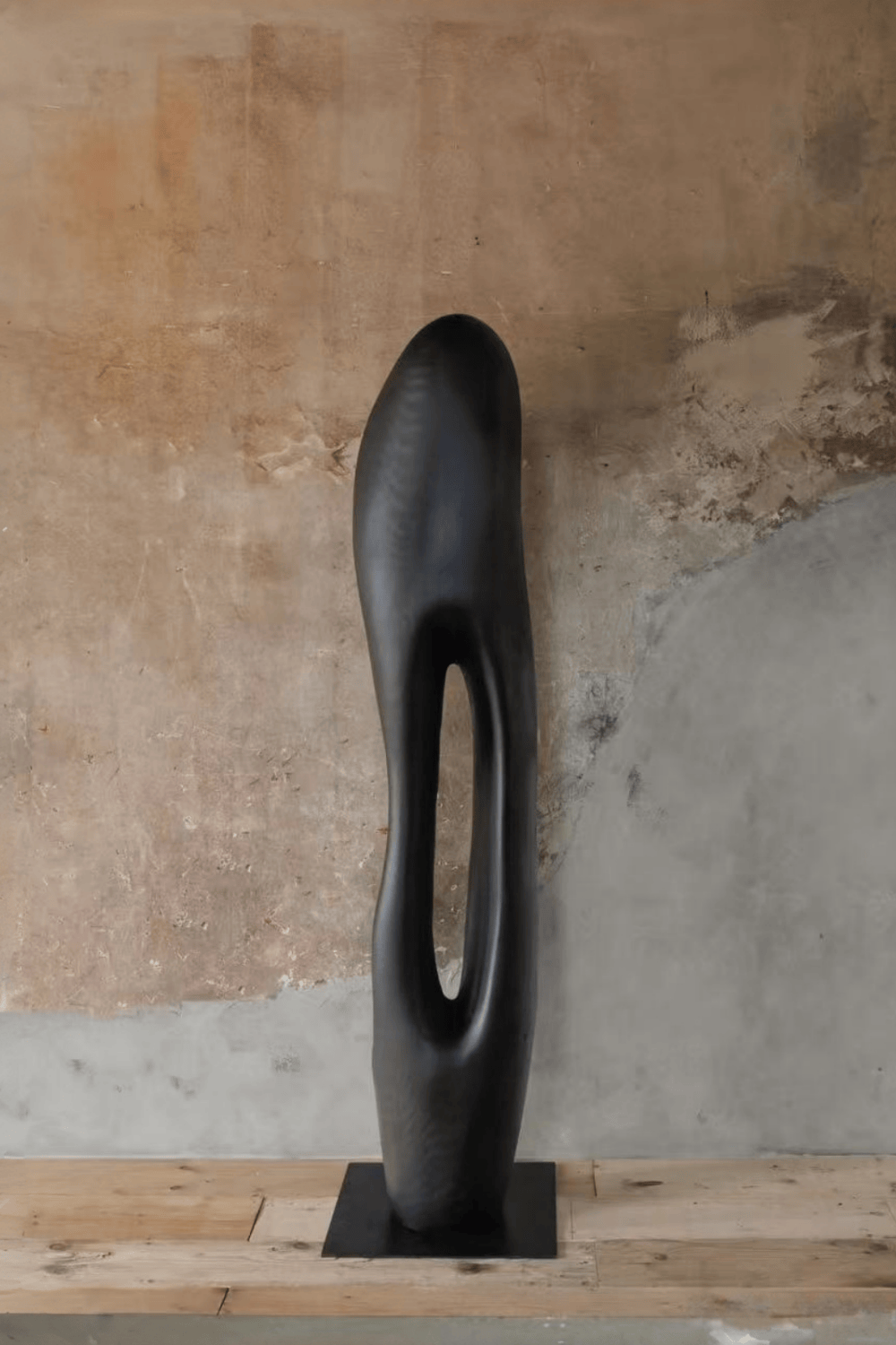 Large Modern Black Wood Sculpture Abstract Handcrafted Wooden Floor Art