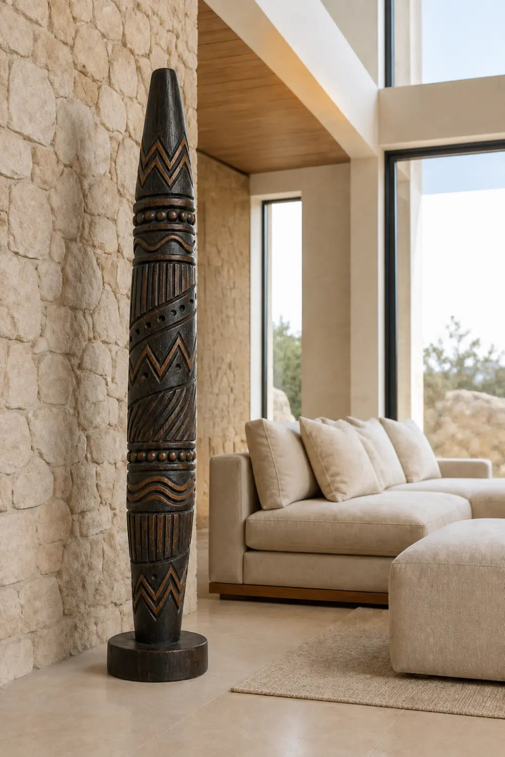 Large Freestanding Abstract Wooden Statue Ethnic Art Decor Tall Chevron Pillar For Living Space