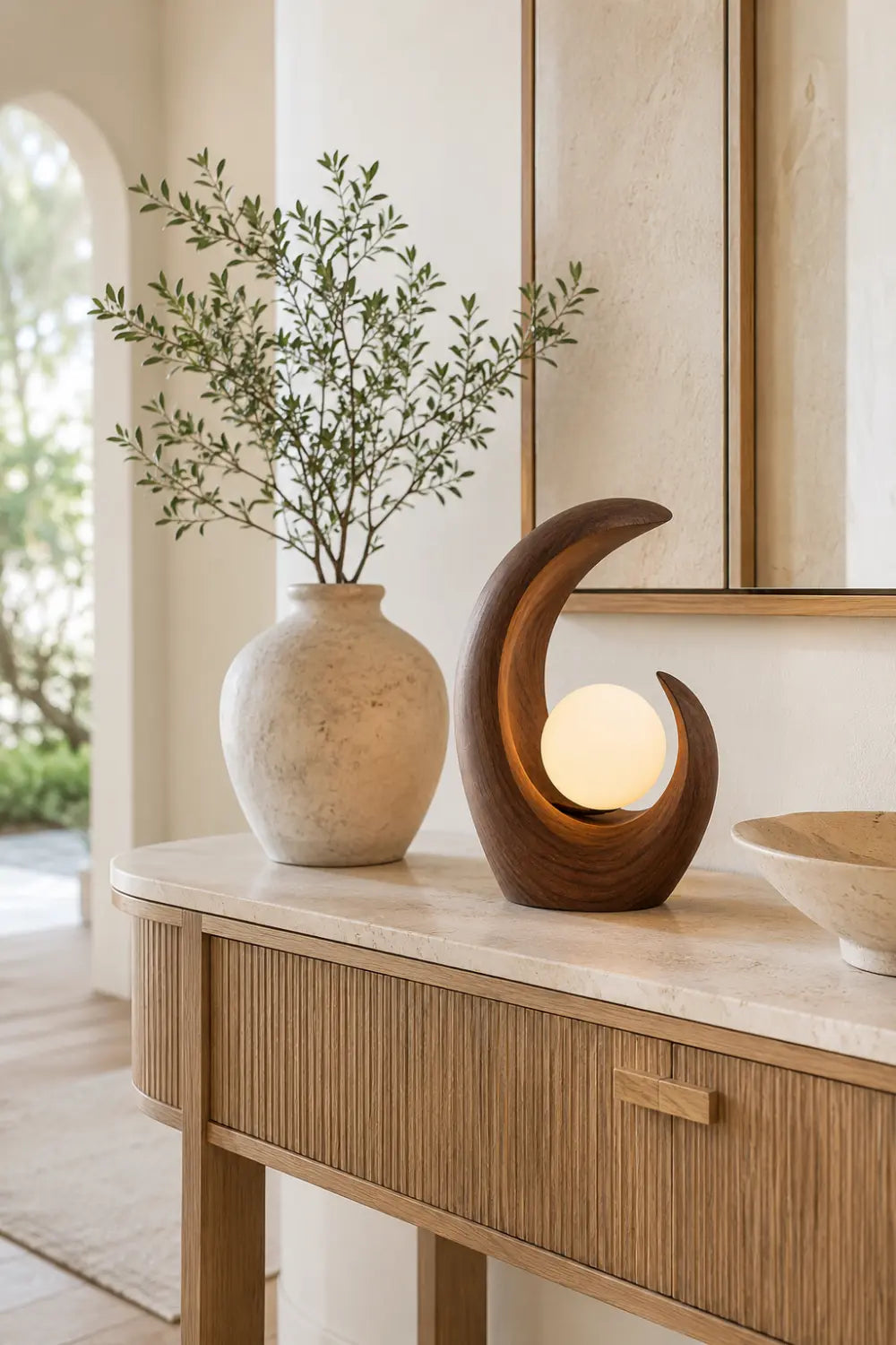 Modern Crescent Wood Table Lamp | Abstract Curved Wave Desk Light For Space Decor