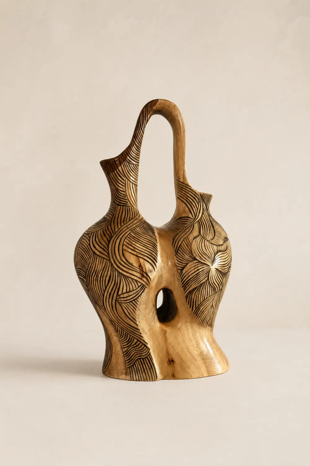 Hand Carved Abstract Wooden Vase With Flowing Lines For Modern Home Decor