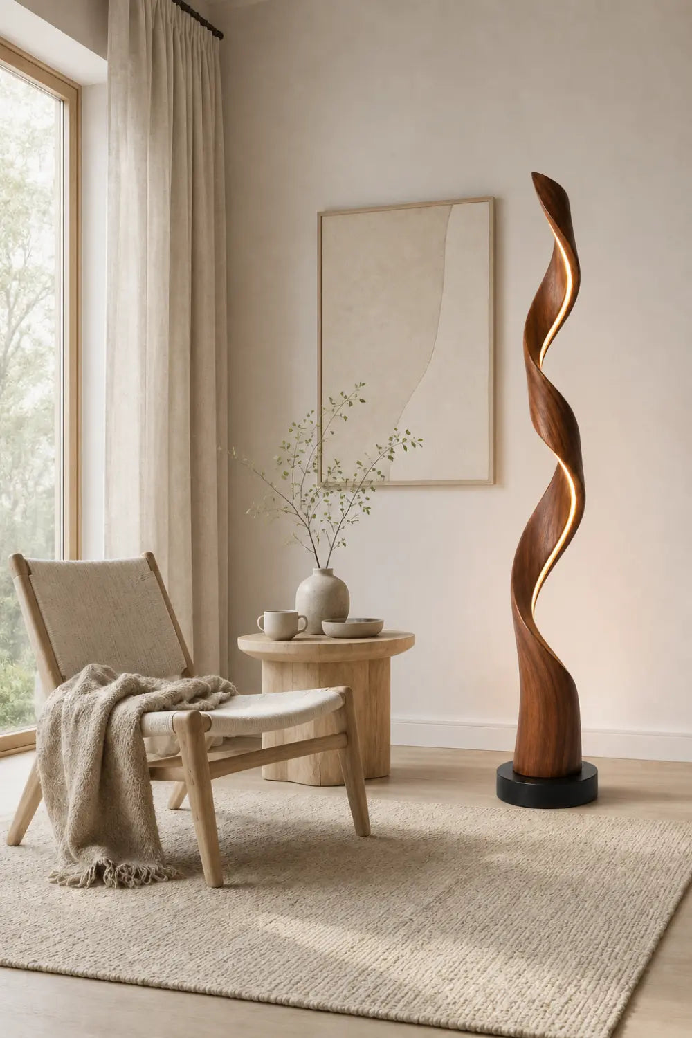 Handcrafted Spiral Wooden Floor Lamp With Warm LED Light For Modern Living Rooms And Luxury Interiors