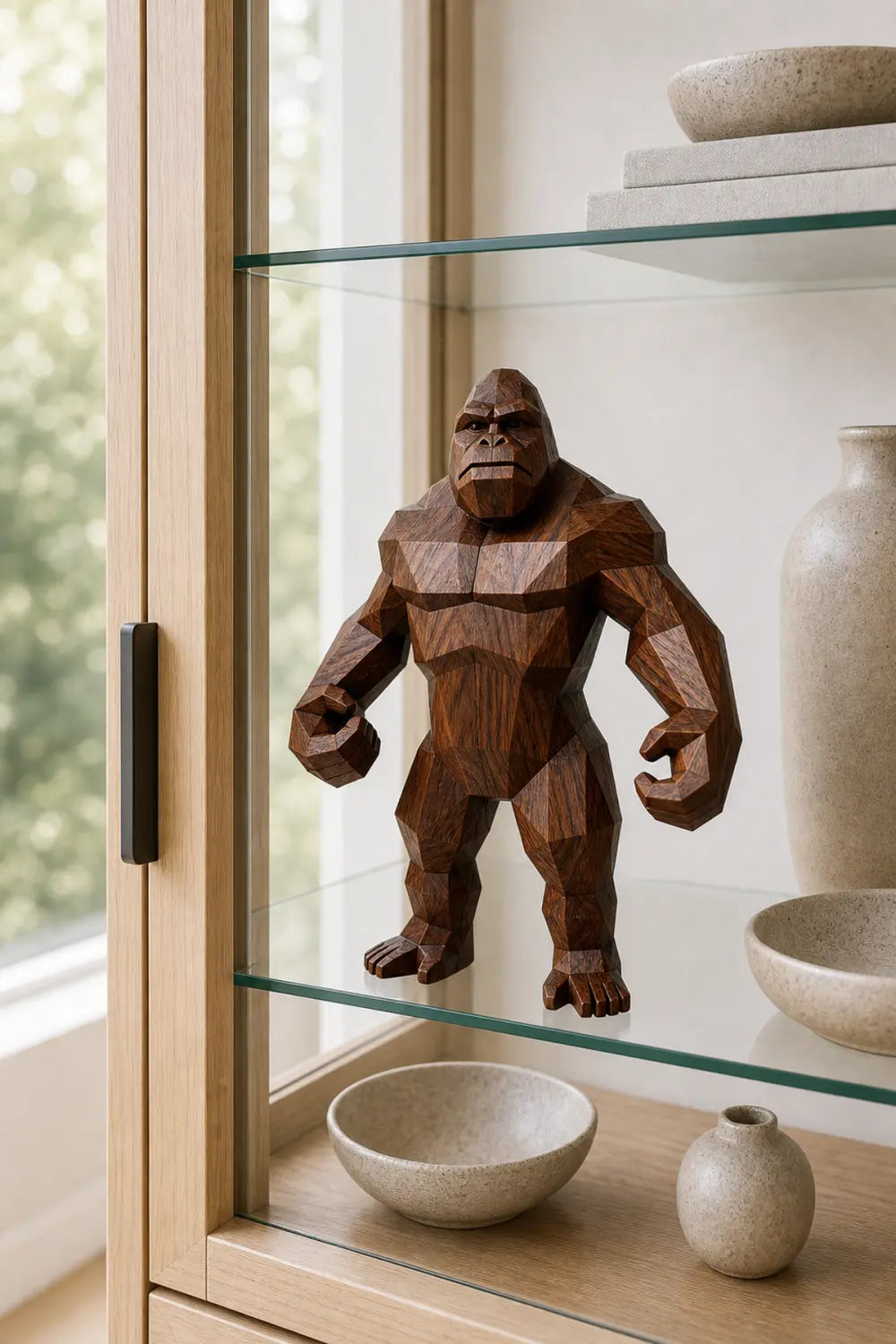 Hand Carved Wooden Gorilla Sculpture Modern Geometric Animal Decor For Living Room