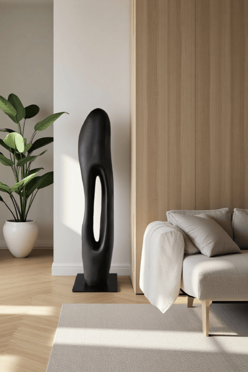 Large Modern Black Wood Sculpture Abstract Handcrafted Wooden Floor Art