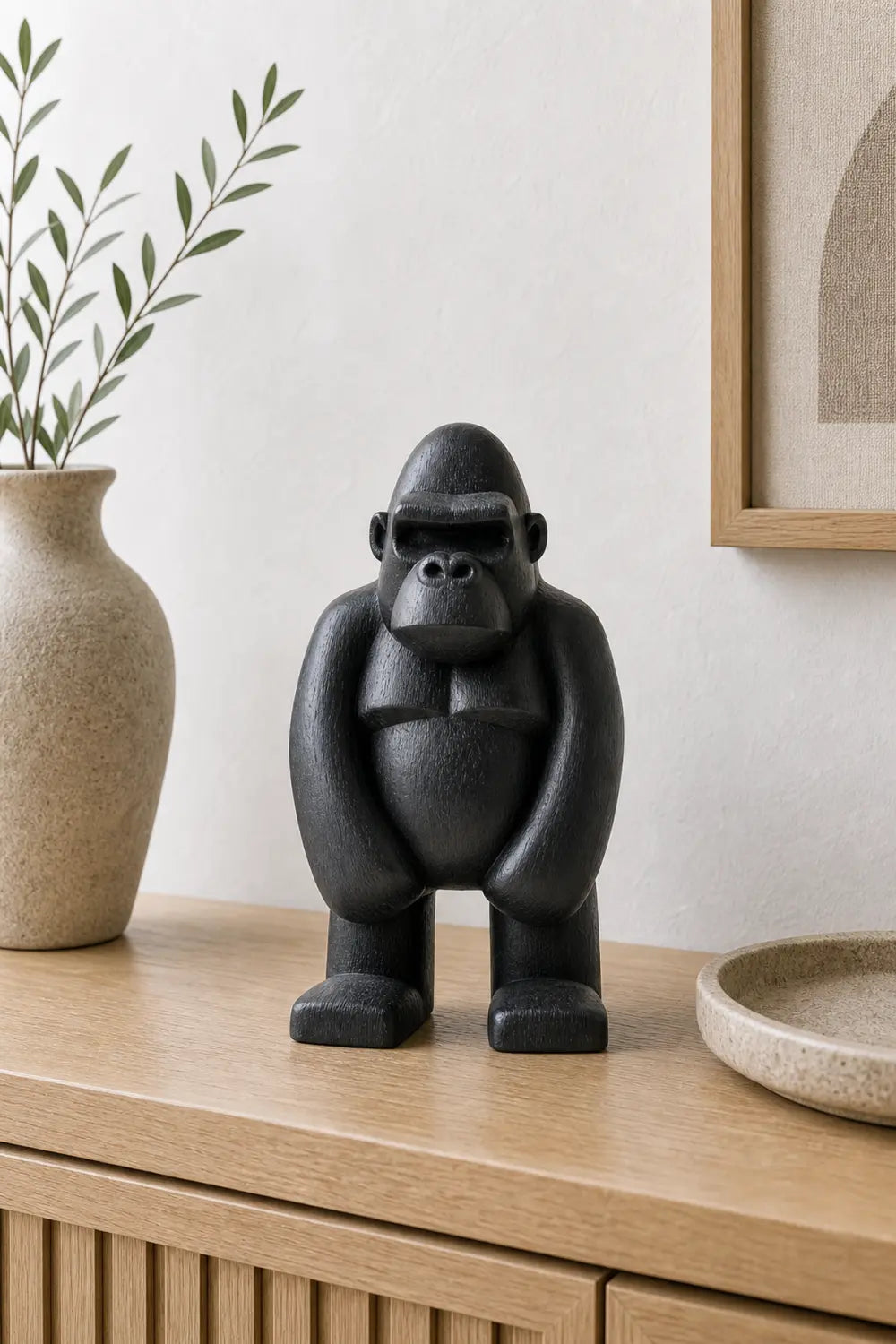 Hand-Carved Black Gorilla Wood Sculpture For Modern Home Decor Abstract Animal Art Piece