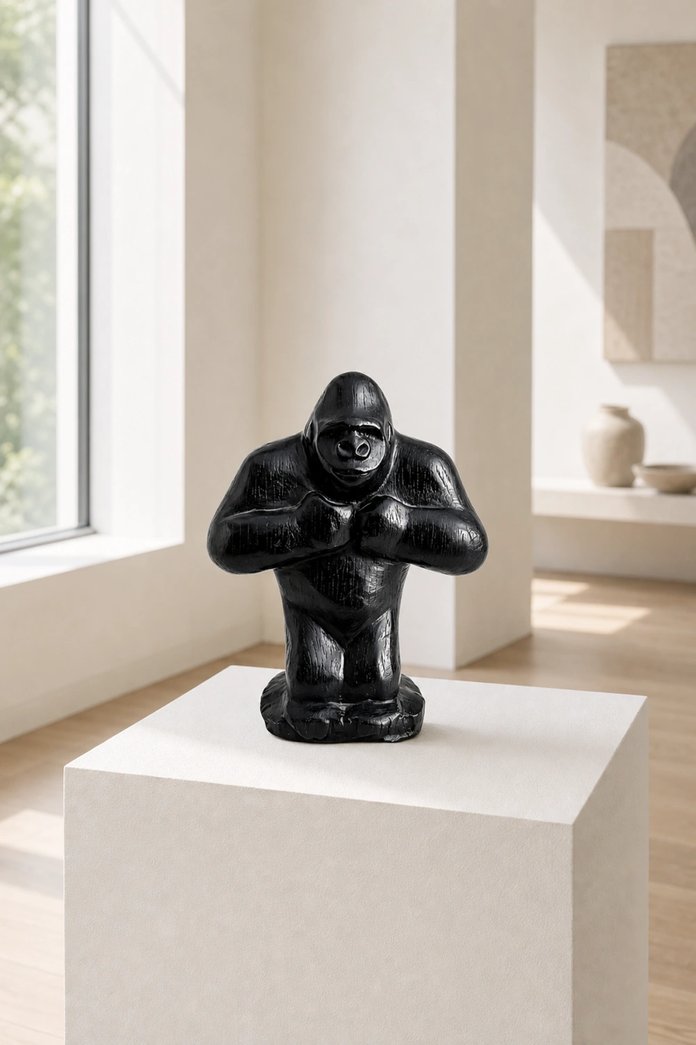 Hand Carved Gorilla Wood Sculpture - Modern Animal Desk Decor For Home Office