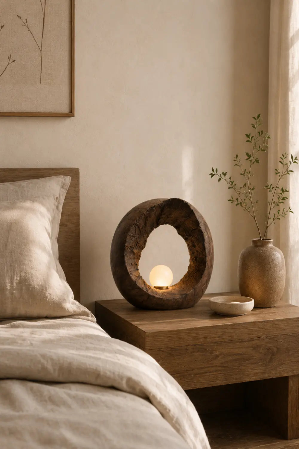 Handcrafted Wooden Table Lamp With Abstract Ring Shape For Modern Home Decor