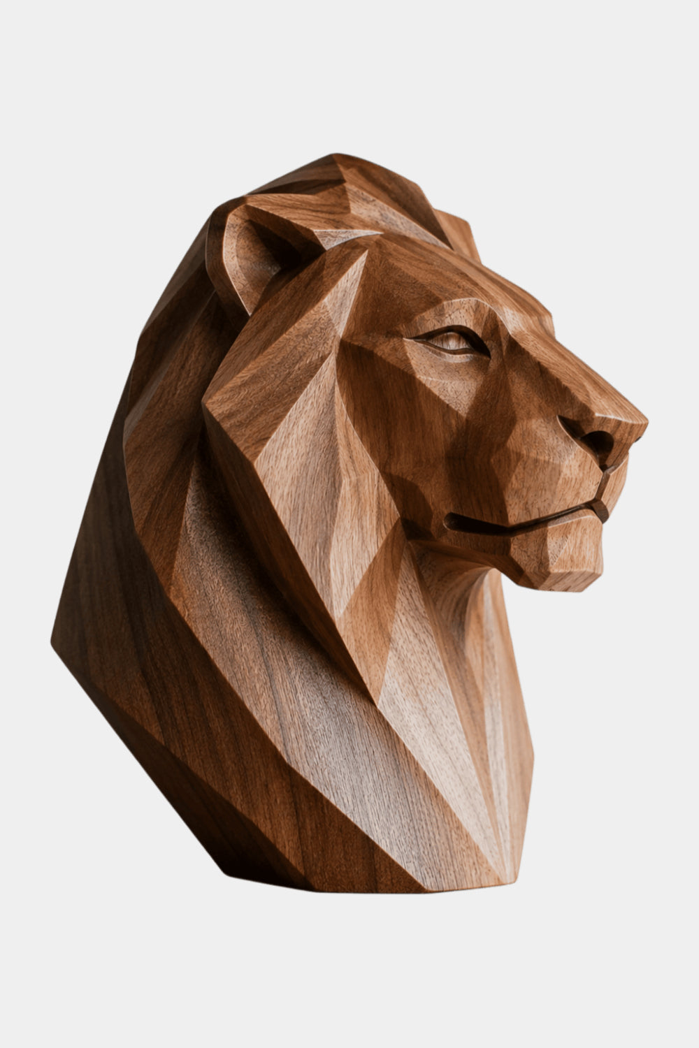 Hand-Carved Geometric Lion Head Sculpture In Walnut Wood For Modern Home Decor