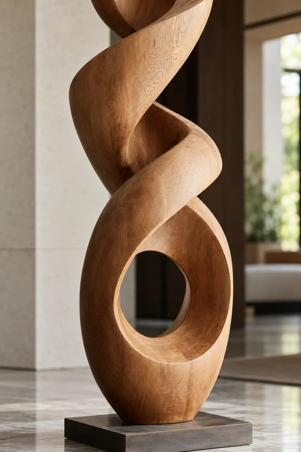 Large Walnut Wood Spiral Abstract Sculpture For Modern Home Decor And Gallery Display