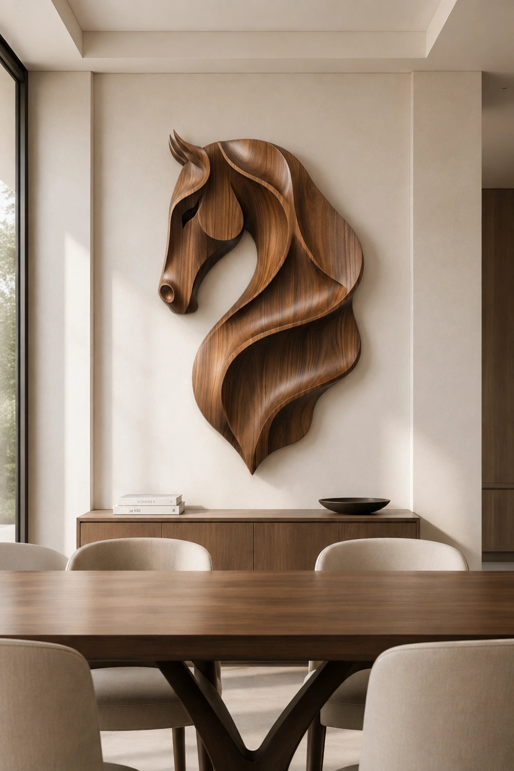 Fluid Wooden Horse Head Wall Art | Modern Carved Relief