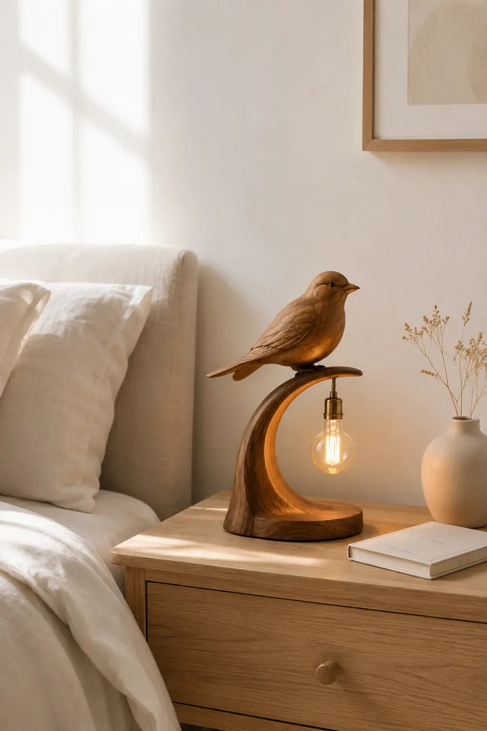 Hand Carved Walnut Bird Table Lamp Modern Organic Lighting Decor