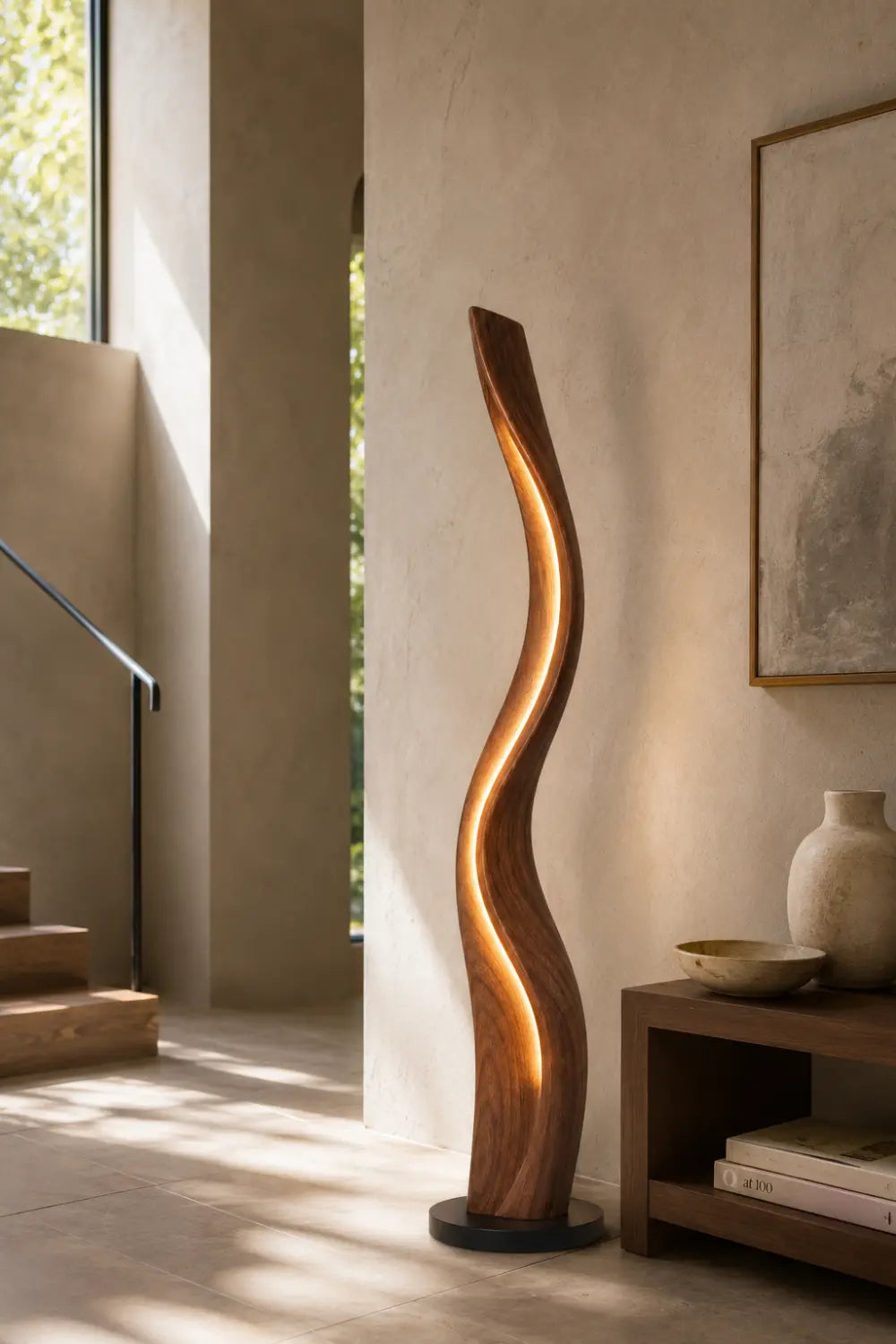 Organic Sculptural Wood Floor Lamp Twisted Design Warm White Light Home