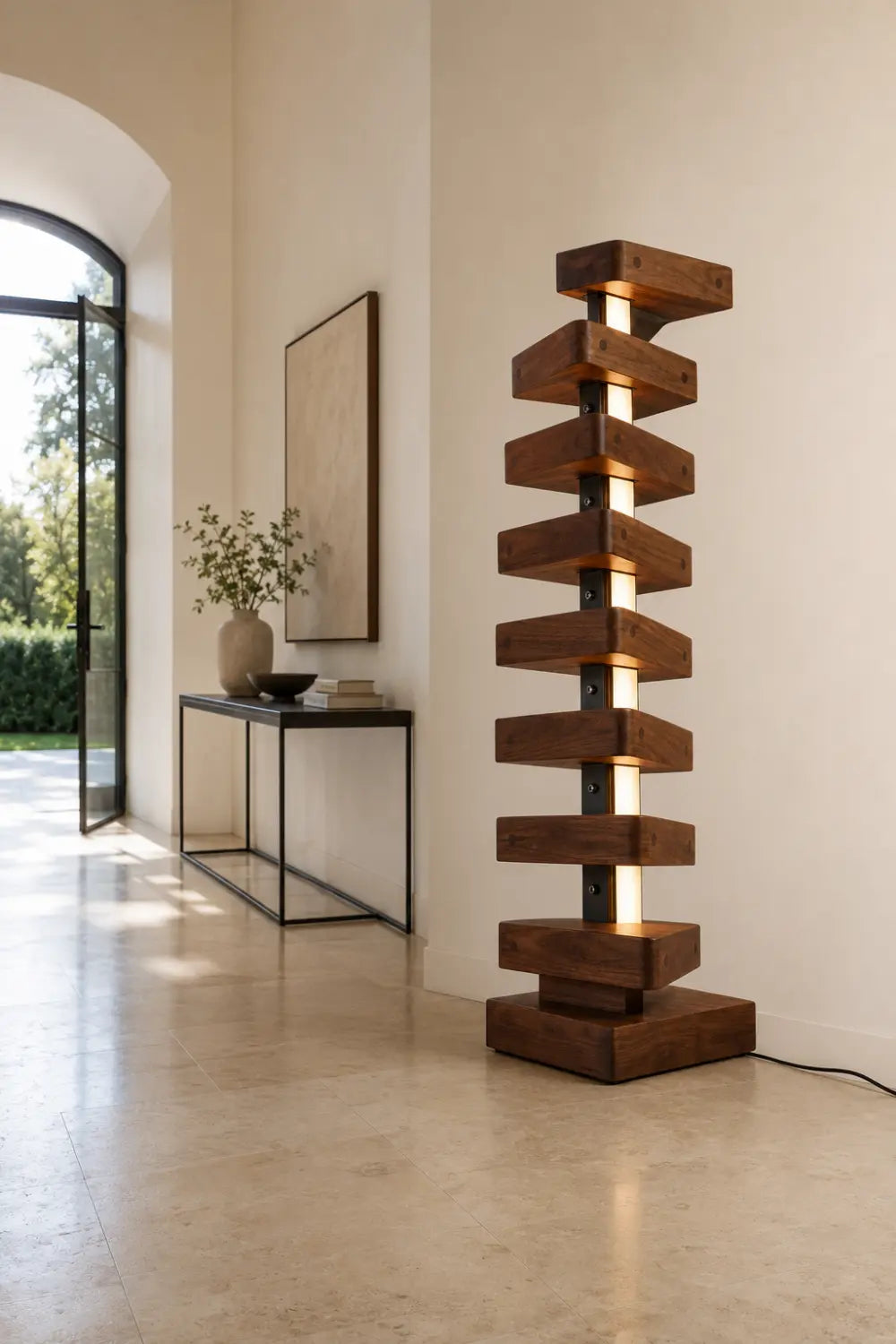 Handcrafted Solid Wood Floor Lamp With Geometric Stacked Design And LED