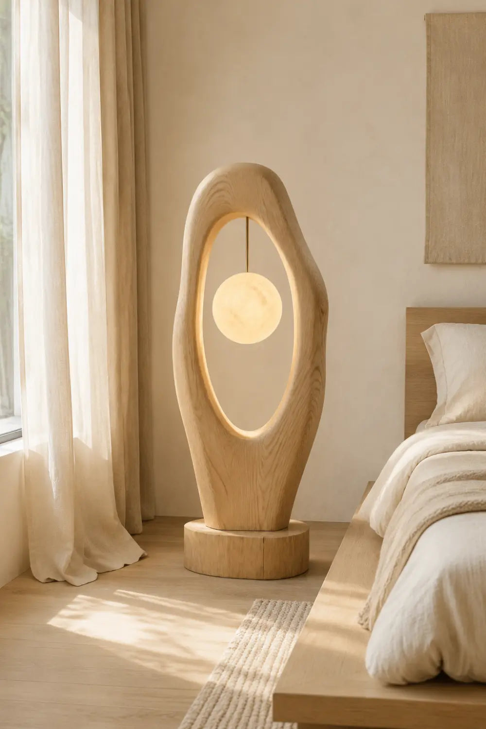 Abstract Sculptural Wood Floor Lamp With Hanging Orb Light As Artistic Home Decor Piece