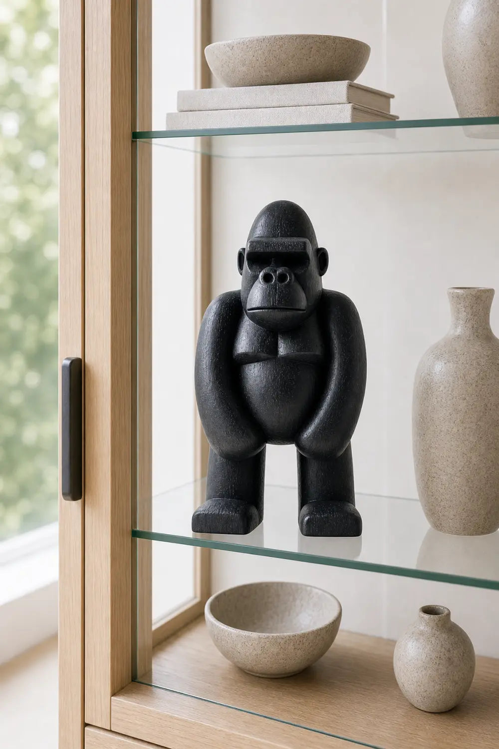 Hand-Carved Black Gorilla Wood Sculpture For Modern Home Decor Abstract Animal Art Piece