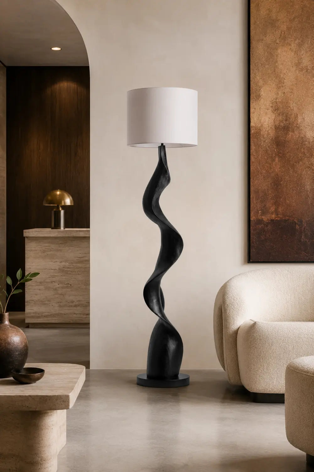 Modern Abstract Wood Floor Lamp With Twisted Sculptural Base For Living Room