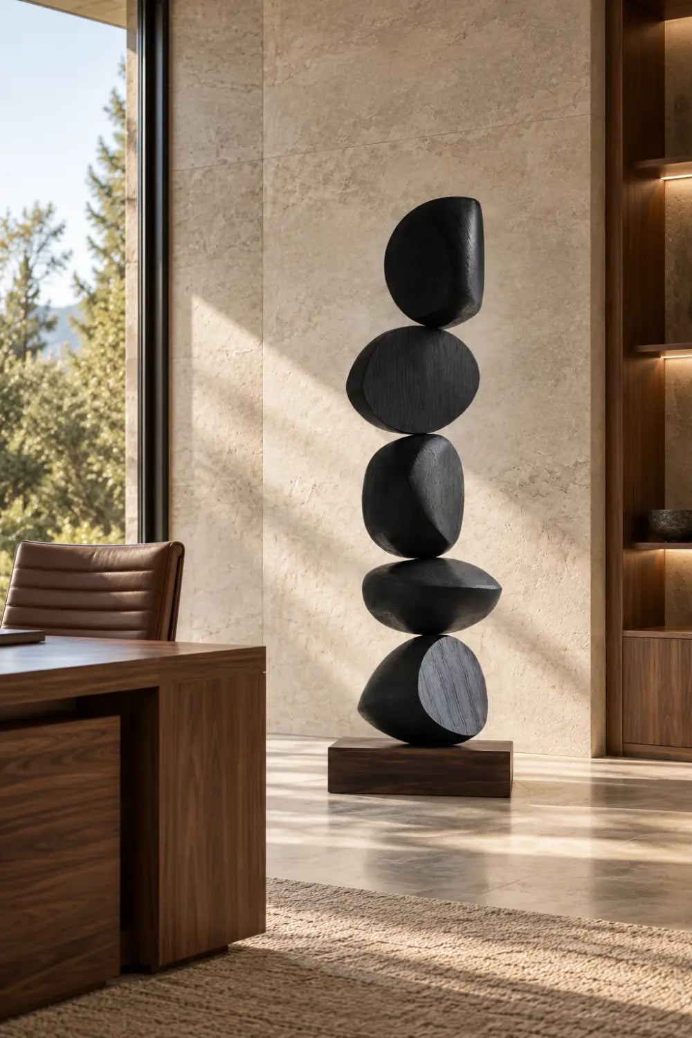 Large Black Abstract Wood Sculpture For Modern Home Decor