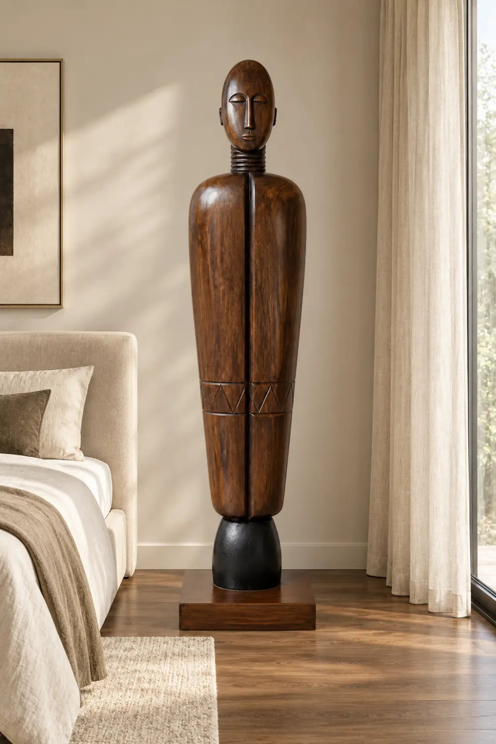Large Freestanding Wooden Statue Vertical Abstract Human Form Art Piece For Lobby