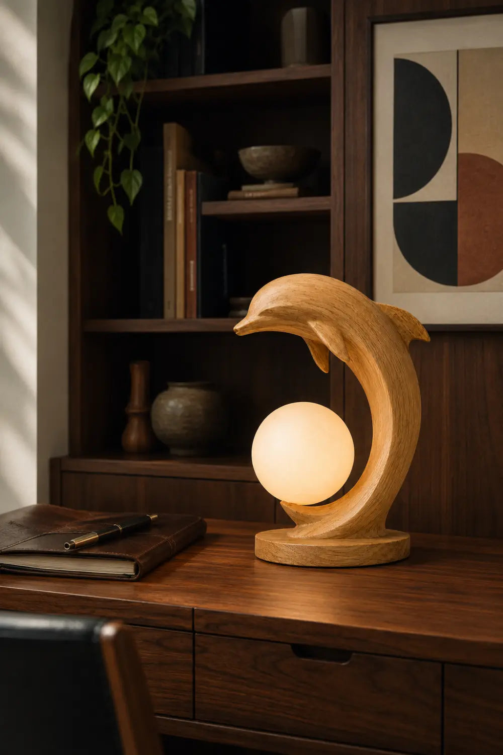 Natural Wood Dolphin Sculpture Lamp With Warm Light For Bedroom Or Study Desk Decoration
