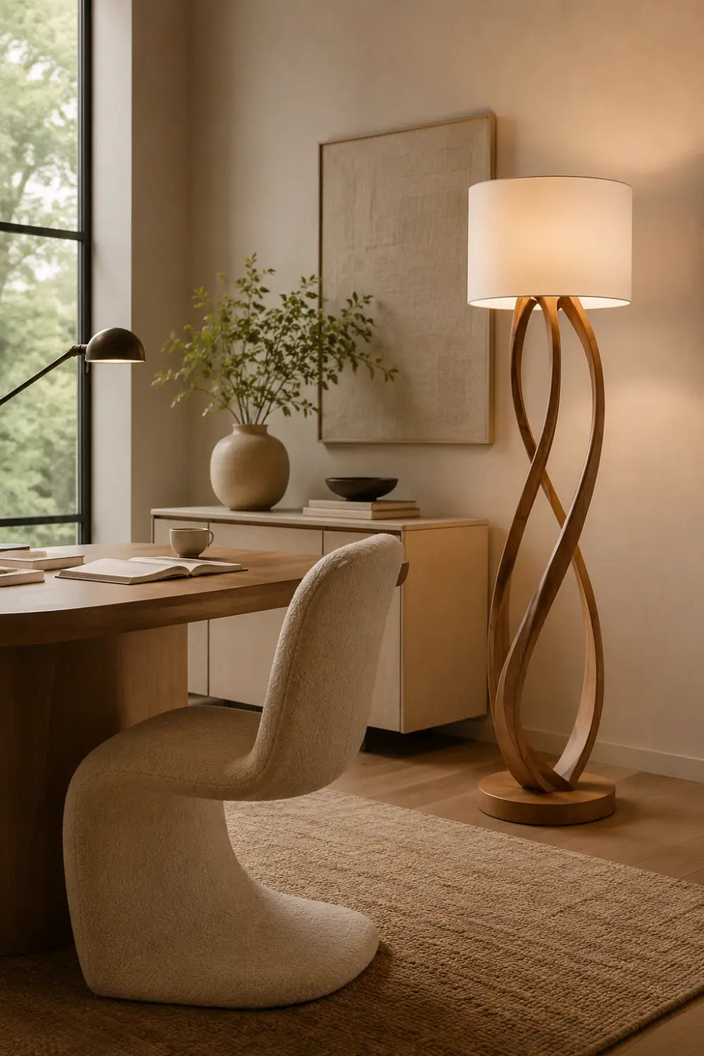Sculptural Wooden Floor Lamp Abstract Twist Design Warm Light Fixture