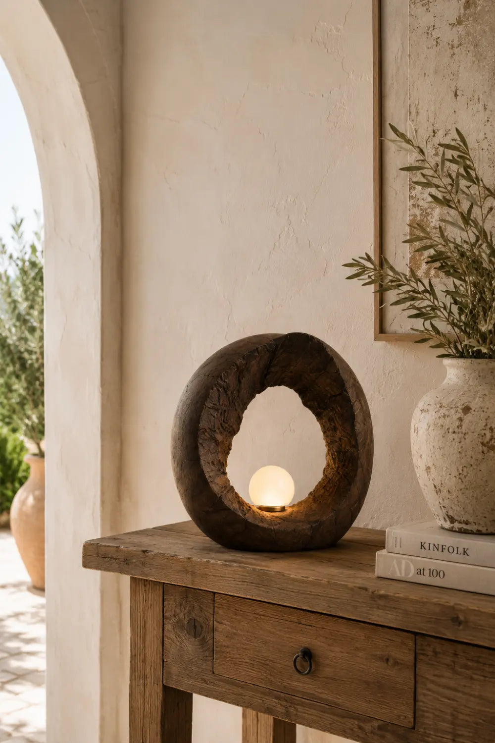 Handcrafted Wooden Table Lamp With Abstract Ring Shape For Modern Home Decor