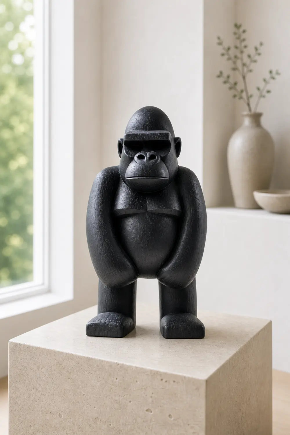 Hand-Carved Black Gorilla Wood Sculpture For Modern Home Decor Abstract Animal Art Piece