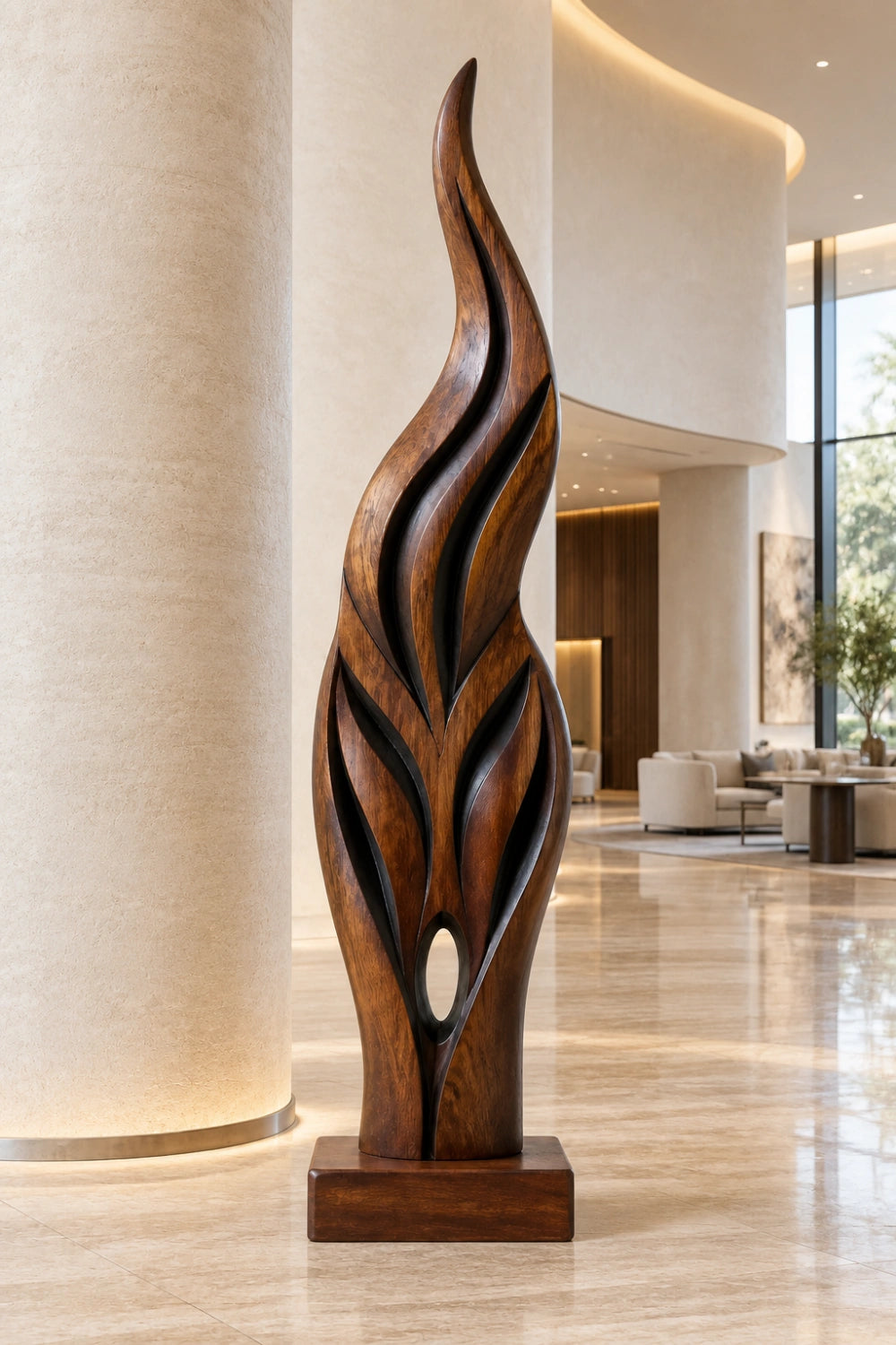 Abstract Wooden Flame Floor Sculpture | Dynamic Standing Decor For Living Space
