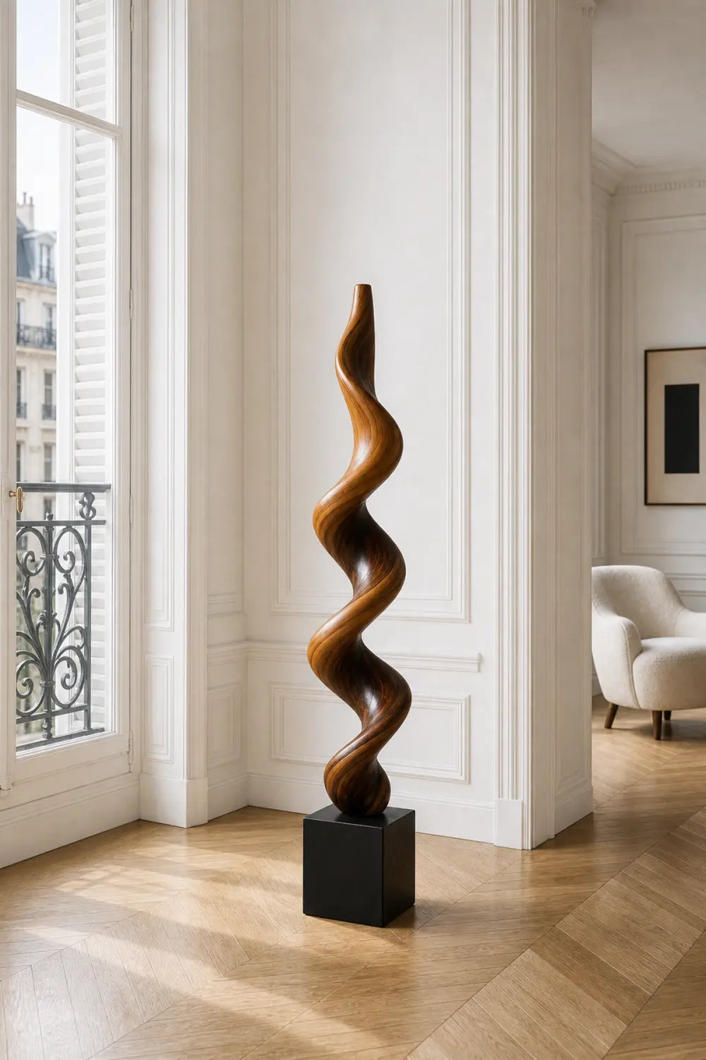 Large Hand-Carved Walnut Wood Spiral Sculpture For Modern Abstract Home Decor