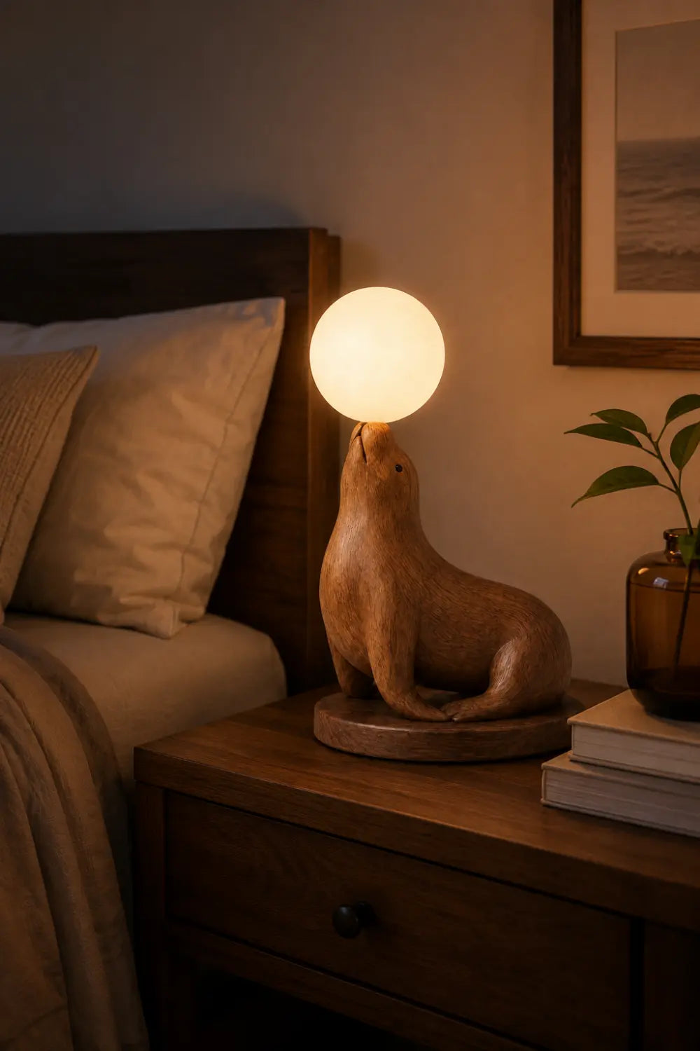 Hand Carved Wooden Seal Lamp With Glowing Orb For Modern Home Decor
